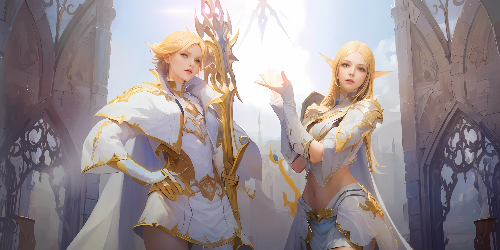 there are two Beautiful white elfs dressed in silver and gold, posing for a picture, mmorpg fantasy, lineage 2 revolution style, from lineage 2, wlop and sakimichan, mmorpg, aion, amazing mmorpg, <mmorpgs scene, ruan jia and artgerm, asya yoranova and alan lee, golden-silver robes, (Best quality)), ((masterpiece)), ((highly intricate details)),beautiful, high quality, highres, absurdres, light diffusion, intricate details, complex details, ((anime)), (anime:1.2), (perfect face:1.3), extremely detailed eyes, colorful, highest detail, vibrant colors, high contrast, (8K UHD:1.2), (photorealistic:1.2),(masterpiece:1.4), (best quality:1.4), realistic, 1girl medium breasts, wavy hair, from the bottom view, smile, knight, ancestor, castle background, armor, light armor, fiery aura, epic pose, dramatic lighting, cinematics, set shot, extremely high detail, photorealistic photo, cinematic lighting, pen and ink, intricate line drawings, by Yoshitaka Amano, Ruan Jia, Kentaro Miura, Artgerm, post-processing, concept art, artstation, matte painting, Eddie Mendoza style, Raphael Lac, short hair, holding sword, upper body, hyper detailed, ((1girl)),((upper body)), Intricate, White Hair, Sacred Power, Light Diffusion, Holy Grail, Light Theme, ((Dynamic Pose)), Highly Detailed and Colorful Details, (Iridescent Colors: 1.2), (Bright Lighting, Atmospheric Lighting), Dreamy, Magical, (Solo: 1.2), Intricate Details