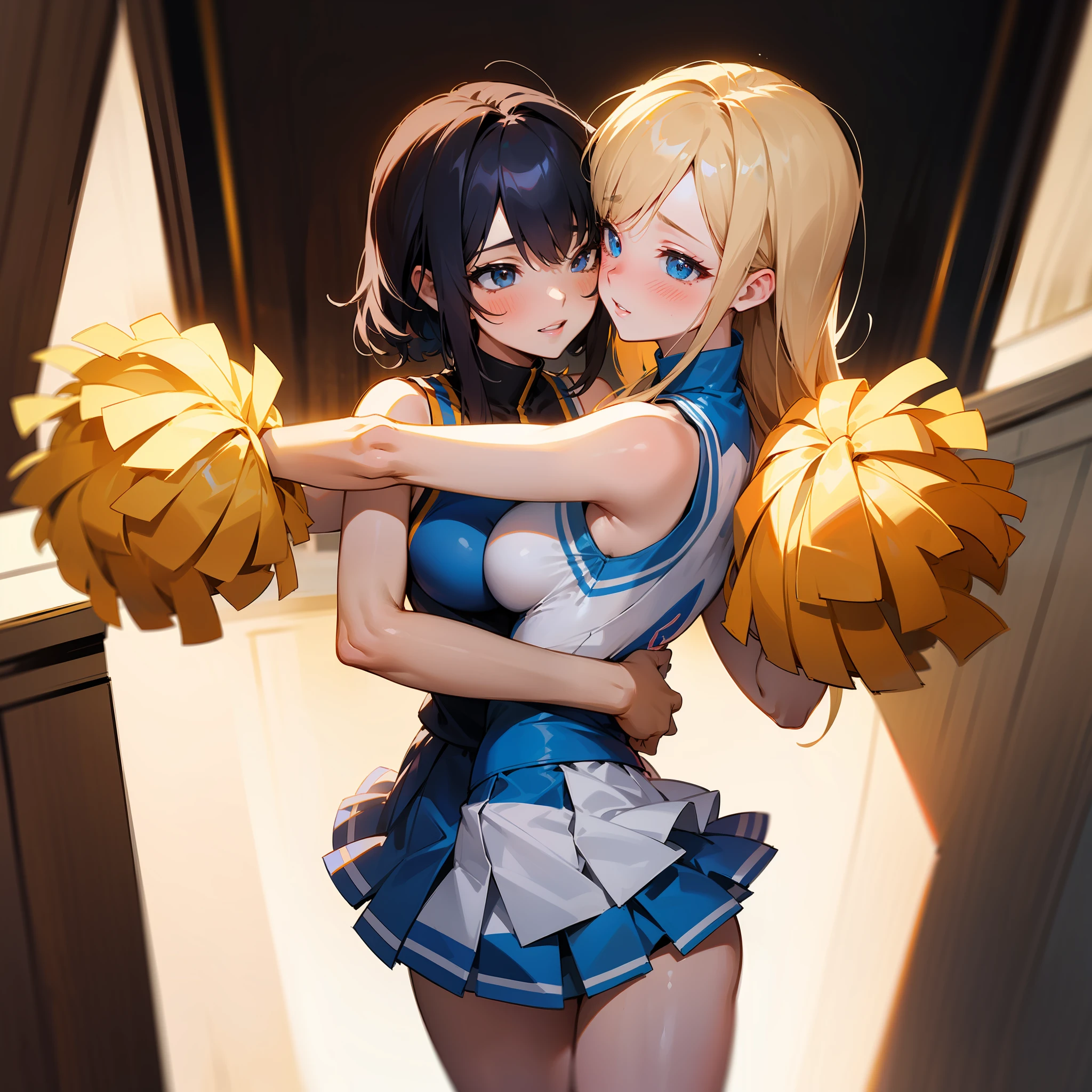 master-piece, hyper quality, hyper detailed, perfect drawing, high-resolution, two beautiful girls, cheerleader, sleeveless shirt, miniskirt, ansco, pom-pom, lovers, staring at each other, hugging each other's breasts pressed against each other, staring at each other, moist eyes, half-open lips, beautiful, blush (0.2), sensual, seduction, ecstasy, indulgence, bust up, forward light, shooting from the front diagonally below, precise drawing, detailed drawing, accurate human body structure,