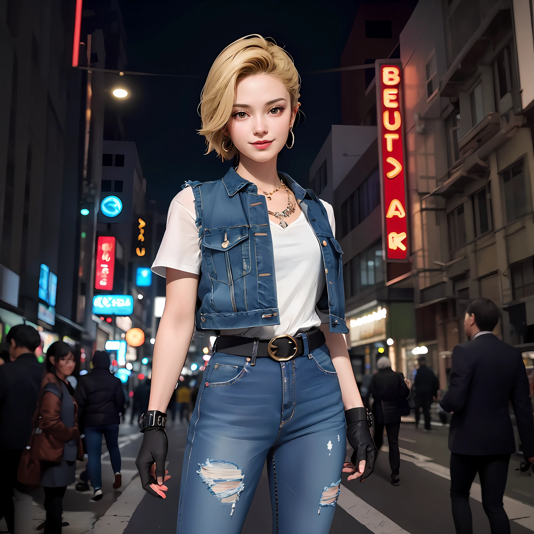 there is a woman standing on the street in a city, realistic anime 3 d style, korean women's fashion model, inspired by Leng Mei, model is wearing techtical vest, anime girl in real life, cai xukun, trending on cgstation, blue jeans. unreal 5, anime style. 8k, cyberpunk style outfit, cropped shirt with jacket