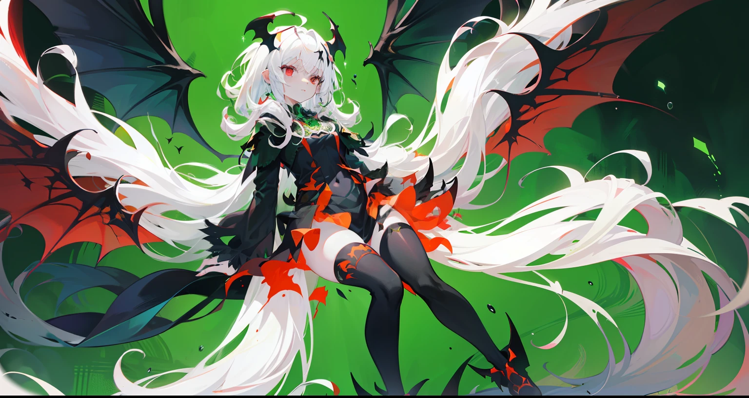 Pale girl, floating in the hair, (white hair), red eyes, black sclera, looking down at the camera, ((full body)), splashart, (with six dark red wings), demonic atmosphere, beautiful girl, intimidating, detailed body, (with a bright green background), (lime green simple background), (GREEN BACKGROUND), without effects