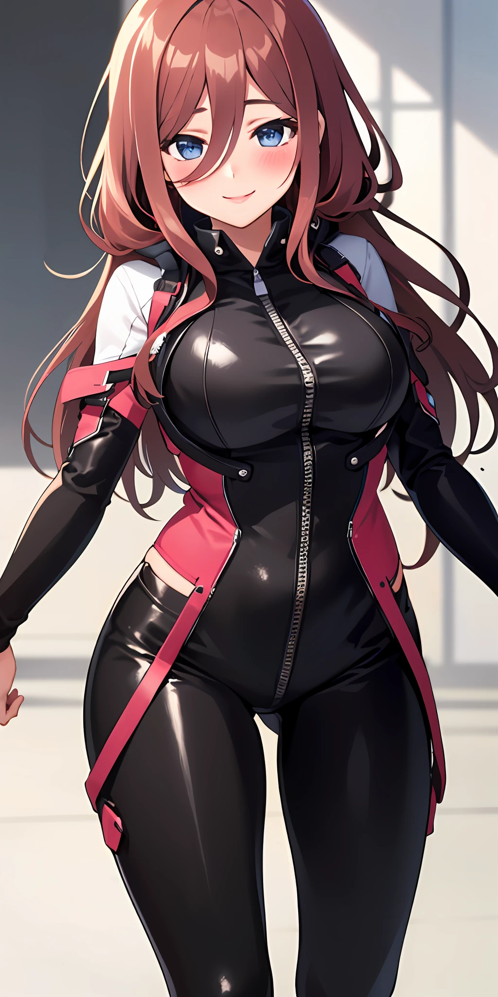 (Best quality:1.3), nakano miku, brown long hair, hair between eyes, large round breasts, zipped bodysuit, smiling, blushing:1.2, (erotic), standing