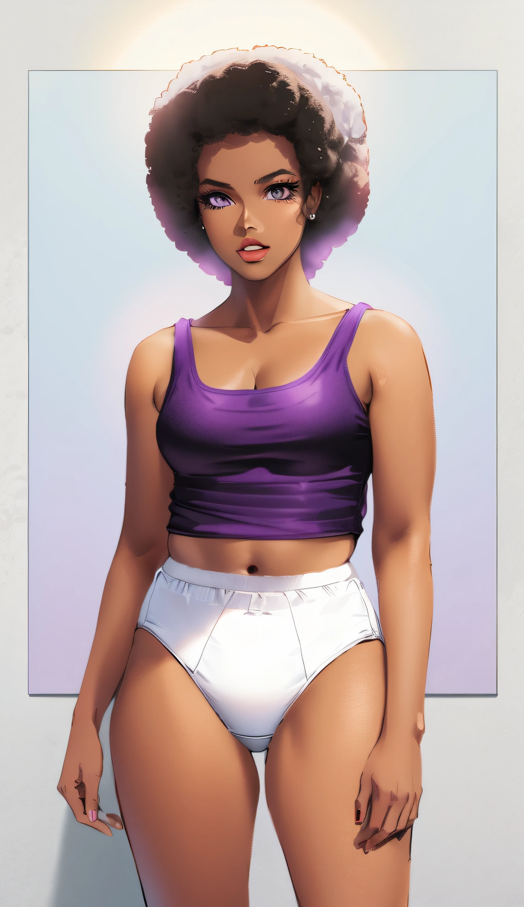 Black woman with Afro, in purple tank-top, all white panties, anime art style, intricate details