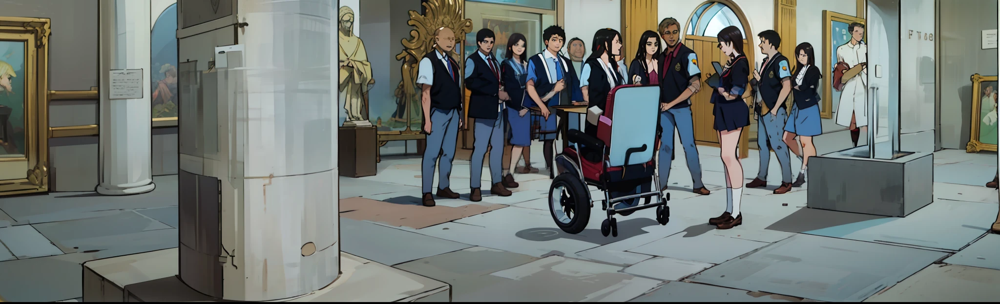 4k, realistic. Group of students in school uniform in a museum. In the center, the teacher is in a wheelchair