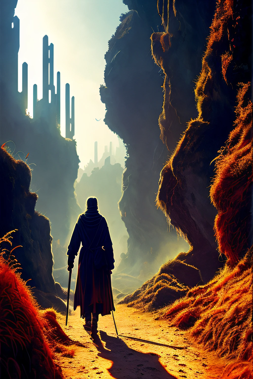 Nomade walking in a big desert, trend in artstation, isometric, hyperrealistic cover photo centered, stunning colors, hand-drawn, dark, sandy, mucha, klimt, erte 12k, high definition, cinematic, neoprene, behance contest winner, portrait presented on unsplash, stylized digital art, smooth, ultra high definition, 8k, unreal engine 5, ultra sharp focus, intricate artwork, Ominous, epic, TanvirTamim, trend in artstation, by artgerm, hr giger and beksinski, highly detailed, vibrant