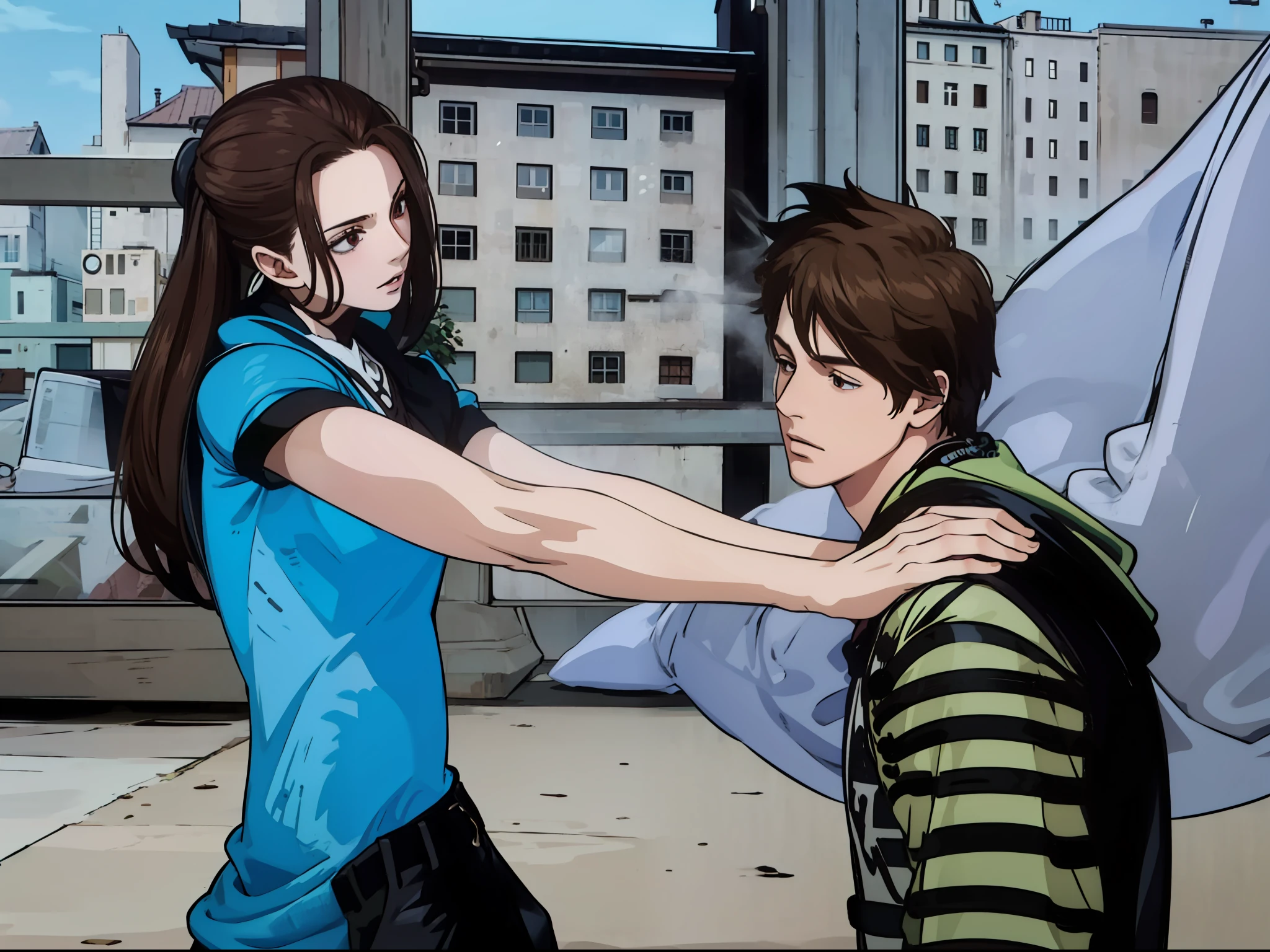 4k, realistic. Male ager, brown hair, is talking to his mother and she hugs him