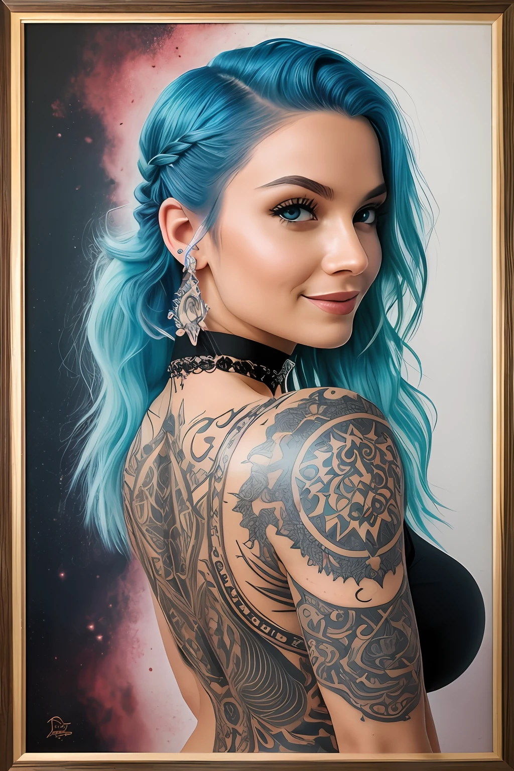 lots of definition, super focus, medium cinematic half-body portrait of young alternative blue hair in braids, big ass, big breasts, medium breasts, sexy smile, using cropped black main light, backlight, natural lighting, photography 400 ISO film granulation 30mm lens f1.8 RAW aperture, fine art photographer, Lord of the Rings movie poster,  large intricate printing, choker, tattoos