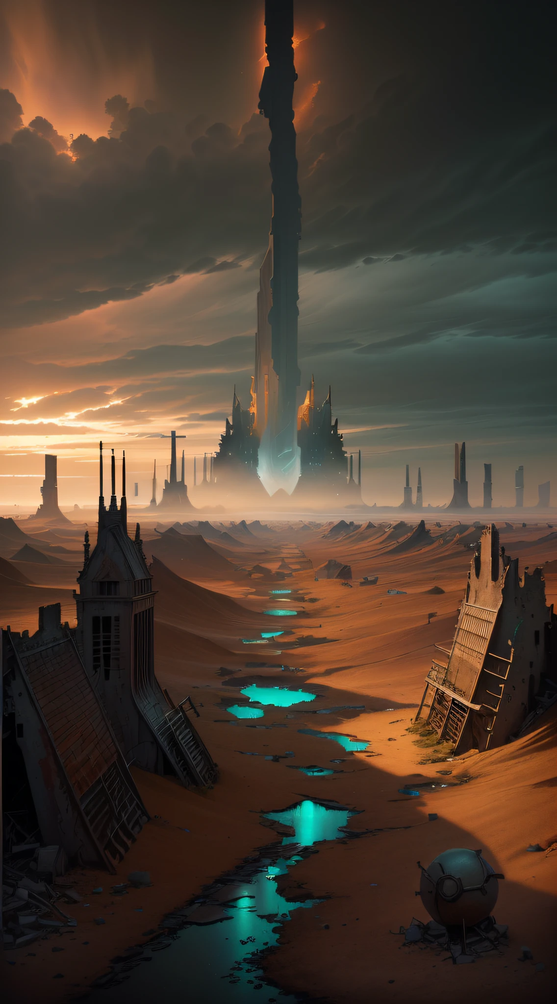 masterpiece, best quality, (A desolate wasteland, with abandoned structures and ruins,a murky sky filled with dark clouds, and a rolling mist across the desolate landscape).(On the vast expanse of wilderness, there is only one sword.),(An exquisitely detailed sword, with intricate details and unparalleled craftsmanship.),(extremely detailed CG unity 8k wallpaper), (best quality), (best illustration), (best shadow), absurdres, realistic lighting, (Abyss), beautiful detailed glow, art by PeterMohrBacher,
