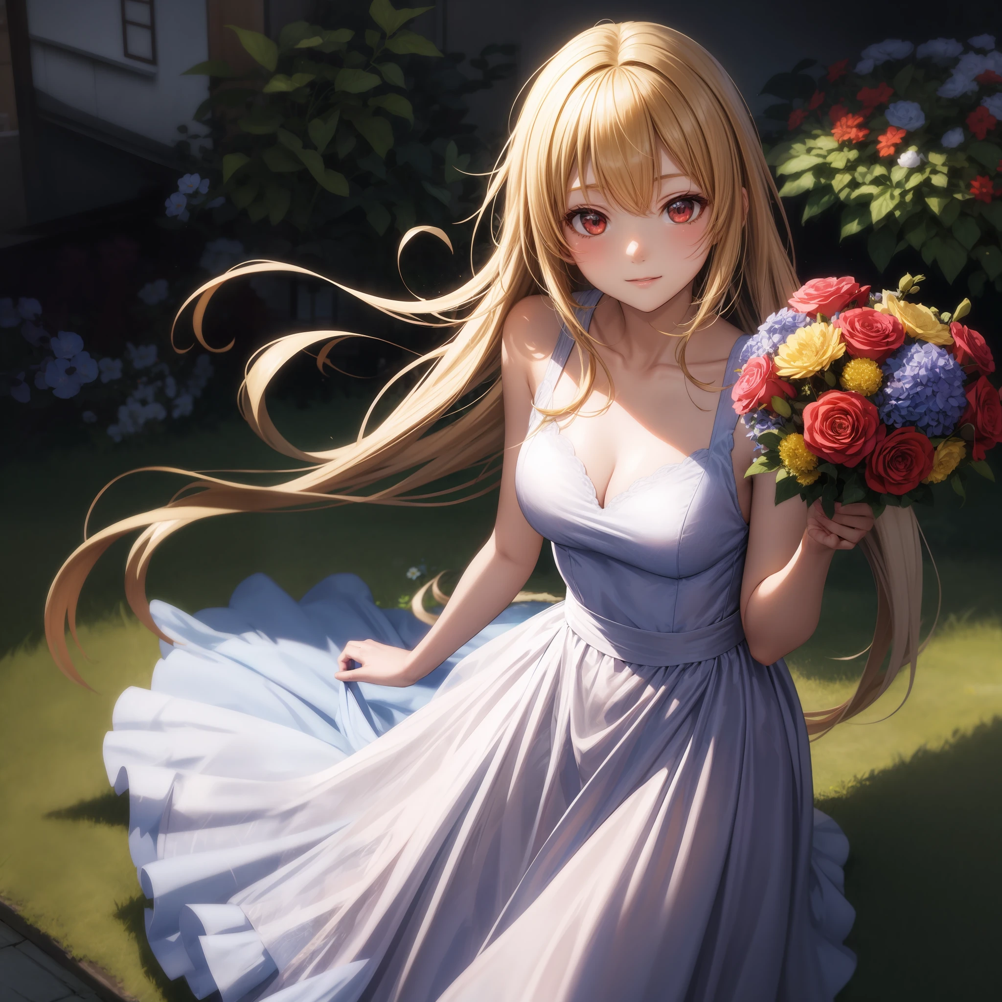 anime, girl single, blonde, red eyes, dress, bouquet, flower garden,