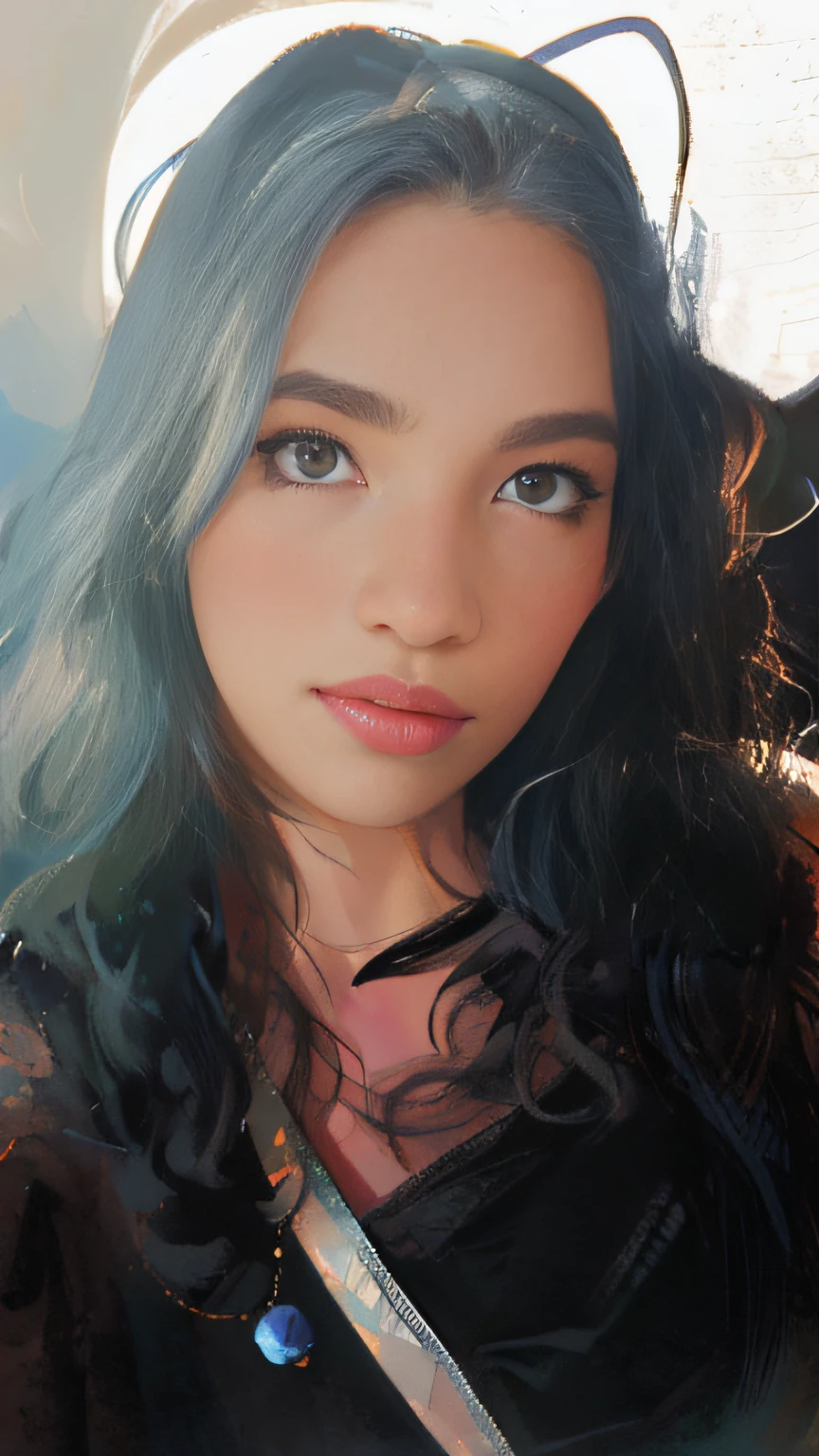 "20-year-old girl with multicolored hair that shines like rainbows and bright eyes like sapphires. Posing in a dynamic position and floating on a high-resolution background. (Quality: photorealism) (Atmosphere: vibrant and magical) (Style: fantasy illustration) (Action: Captured on the move) (Detail: carefully drawn) (Proportions: realistic).