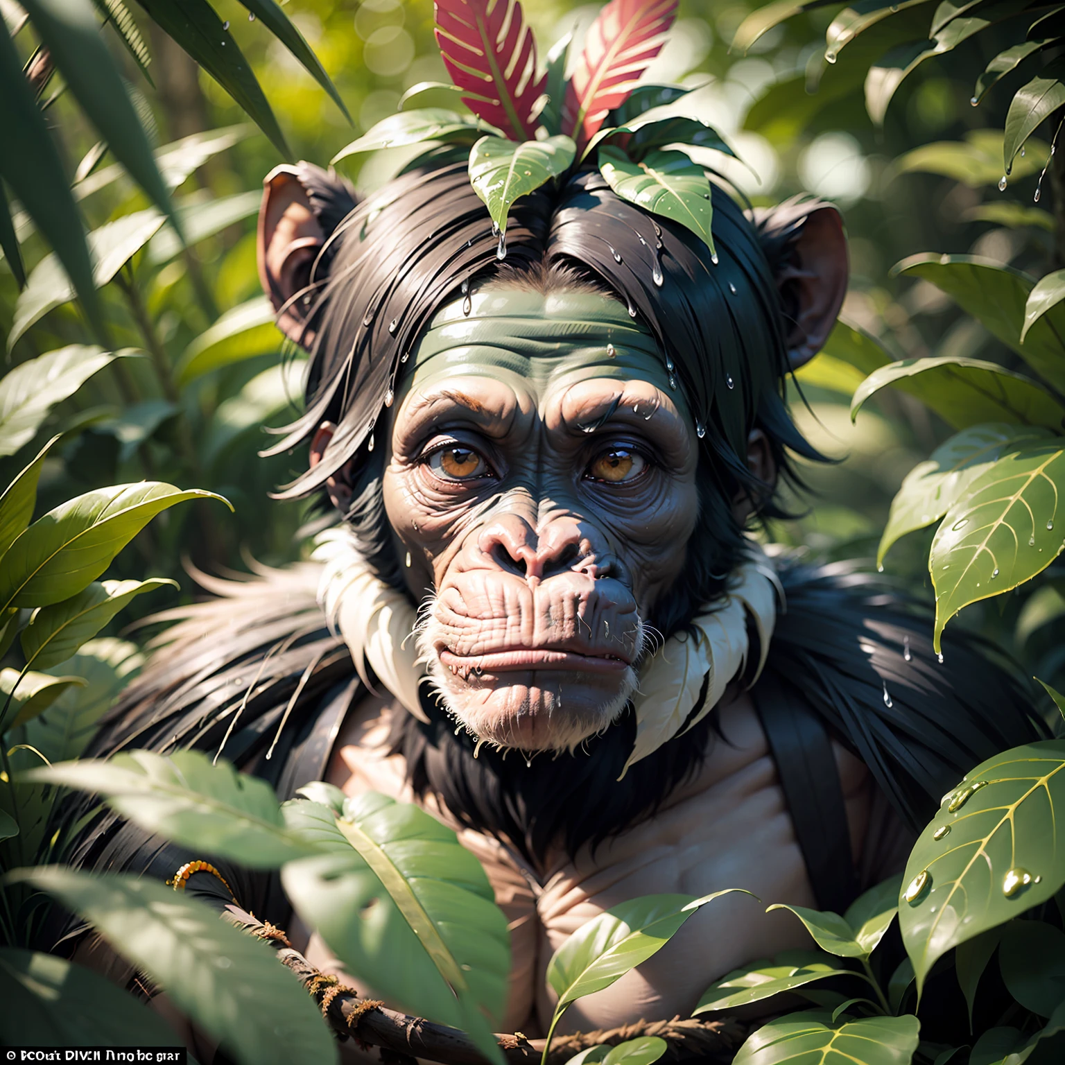 Chimpanzee meditating in a dense jungle, he wears headdress with colorful feathers on his head, looking from the front, body facing the camera, around him many wet foliage after heavy rain