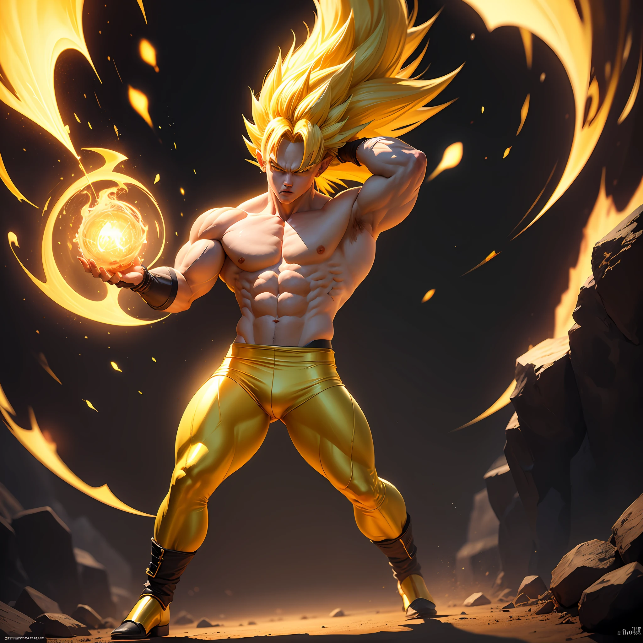 Dynamic, yellow hair, full body muscles, legendary Saiyan, holding a head in his hand, his whole body glowing gold --auto