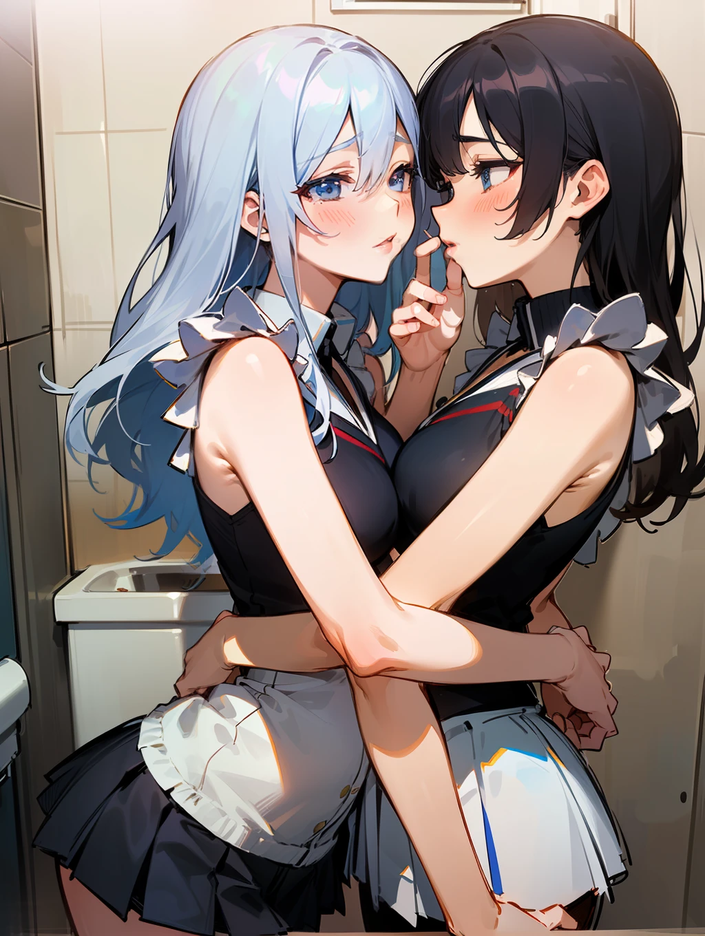 master-piece,hyper quality,hyper detailed,perfect drawing,hi-res, two beautiful girls, cheerleader, sleeveless shirt, ((flips up the miniskirt)), ((ruffled undercoat is fully visible)), pom-pom, lovers, staring at each other head-on, (((((French Kiss))) hugging each other's breasts as if pressing, staring at each other, moist eyes, half-open lips, beautiful, blush (0.2), sensual, seduction, ecstasy, indulgence, bust up, forward light, , shot from the front obliquely below, precise drawing, detailed drawing, accurate human structure, toilet cubicle, beautiful background