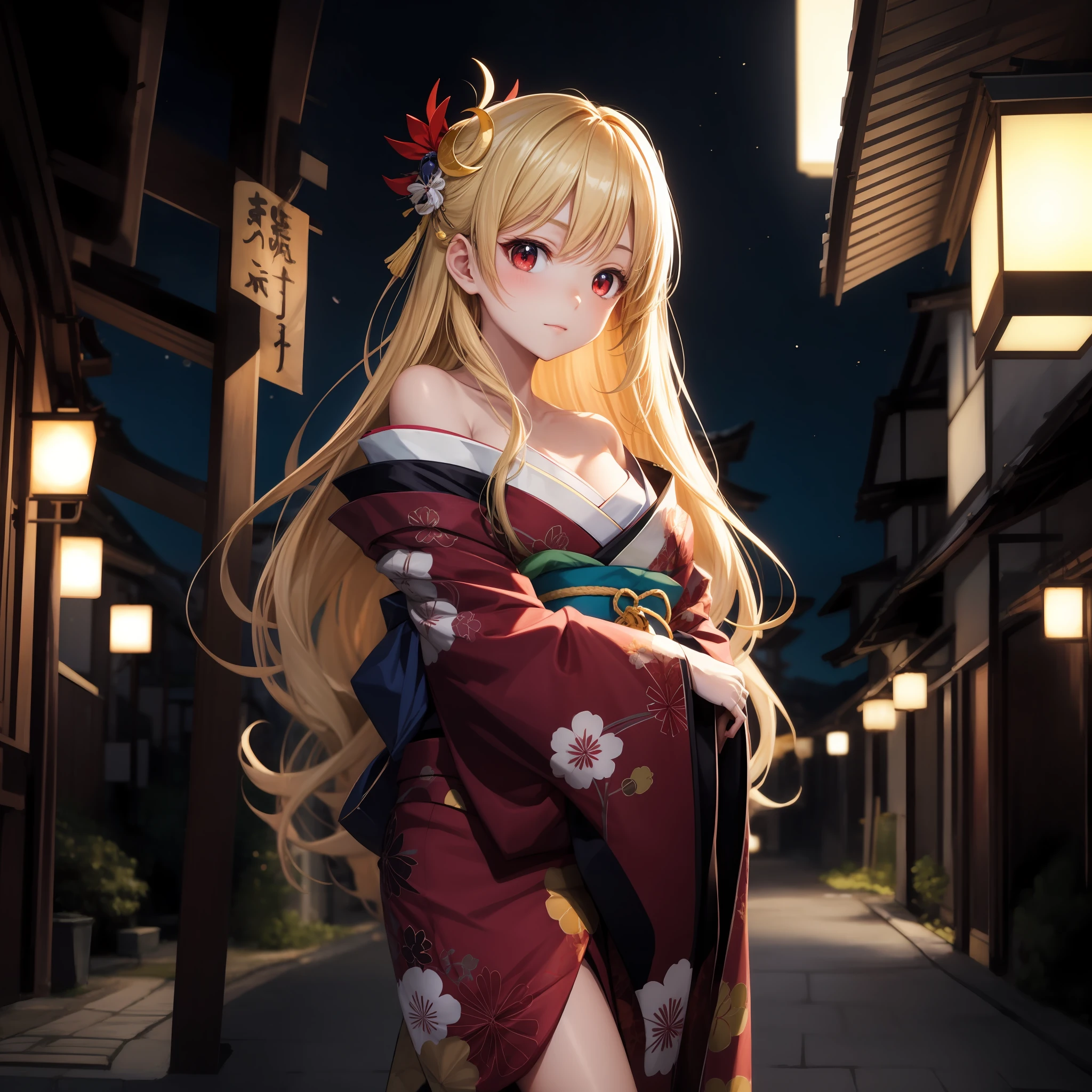 anime, girl alone, blonde, red eyes, kimono, off-the-shoulder, kyoto, crescent, night