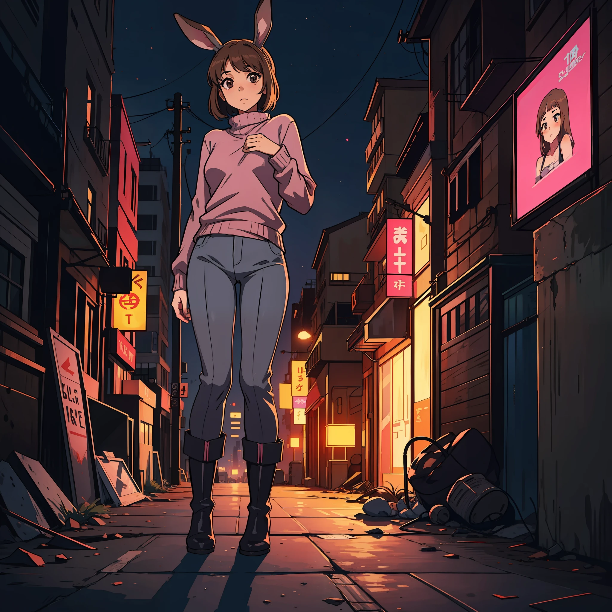 A girl, fair skin, light brown hair, long bangs, rabbit ears, big chest, slender legs, pink sweater, gray pants, black boots, dark brown eyes, apocalyptic background, destroyed city, nightlife, anime, 2d, cartoon.