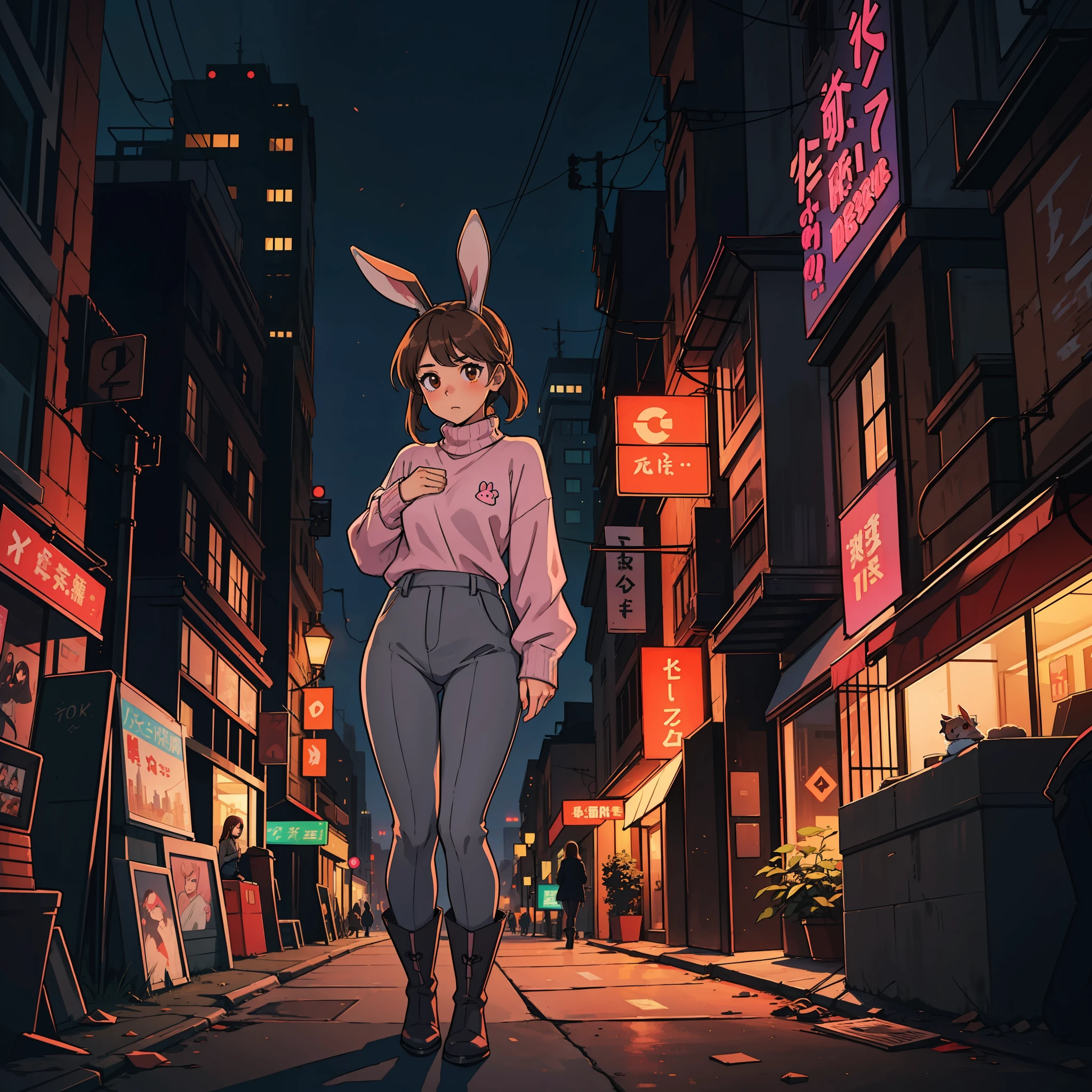 A girl, fair skin, light brown hair, long bangs, rabbit ears, big chest, slender legs, pink sweater, gray pants, black boots, dark brown eyes, apocalyptic background, destroyed city, nightlife, anime, 2d, cartoon.