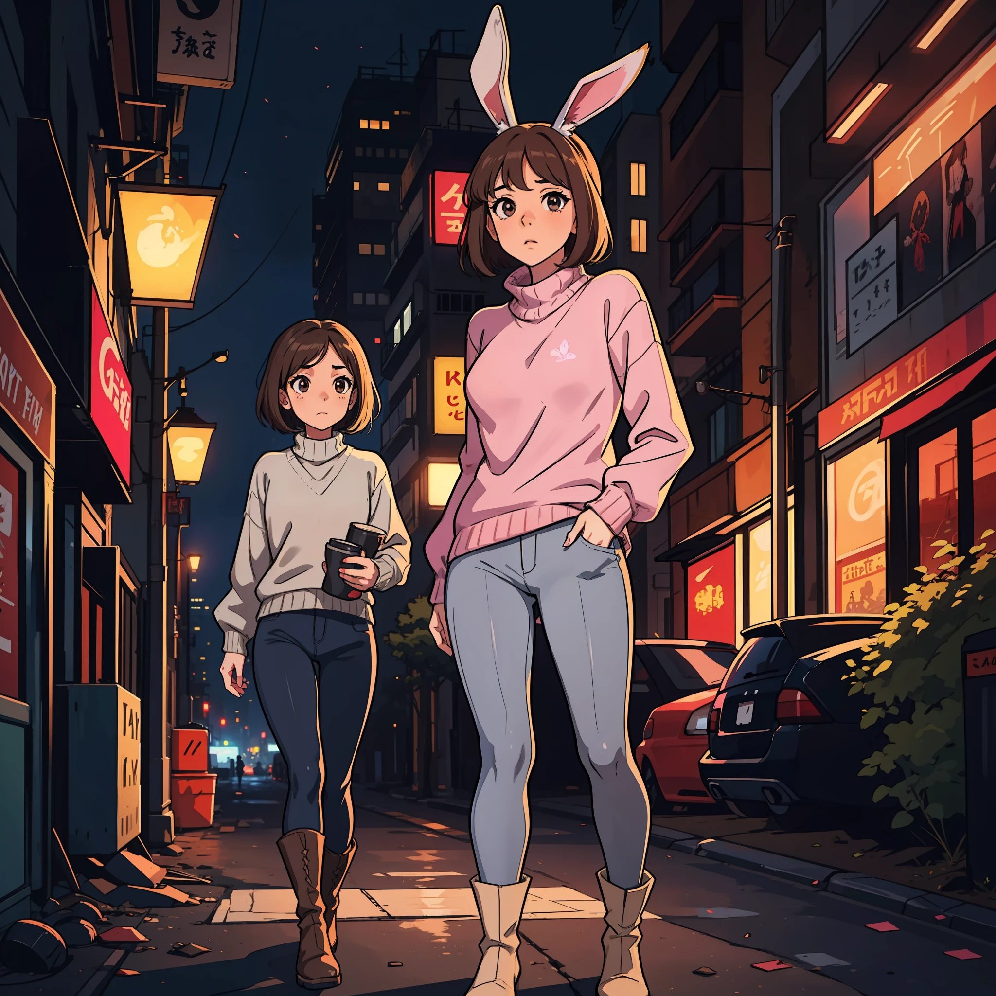 A girl, fair skin, light brown hair, long bangs, rabbit ears, big chest, slender legs, pink sweater, gray pants, black boots, dark brown eyes, apocalyptic background, destroyed city, nightlife, anime, 2d, cartoon.