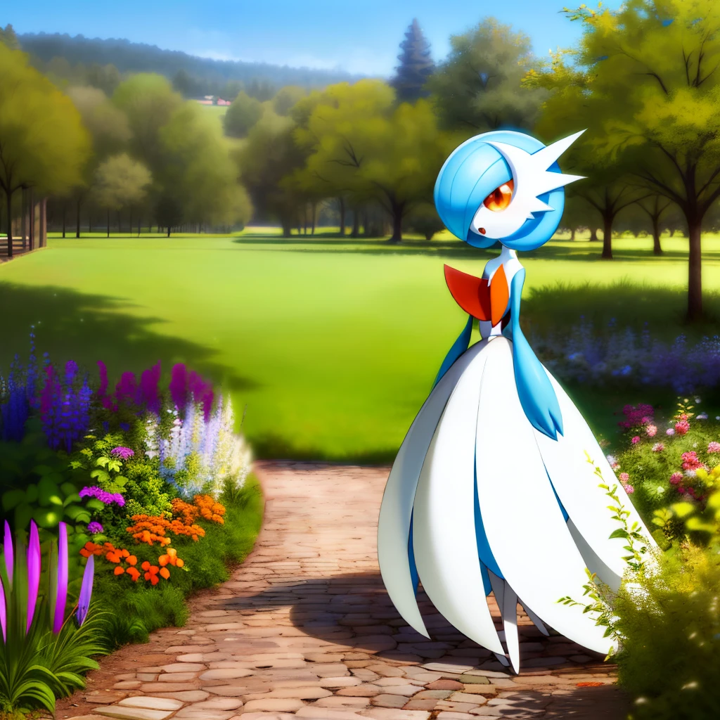 gardevoir, creatures \(company\), game freak, nintendo, pokemon, pokemon \(game\), bangs, colored skin, female focus, gen 3 pokemon, blue hair, blue skin, hair over one eye, multicolored skin, pokemon \(creature\), orange eyes, short hair, two-tone skin, white skin, black dress, mega gardevoir, garden, trees, bench
