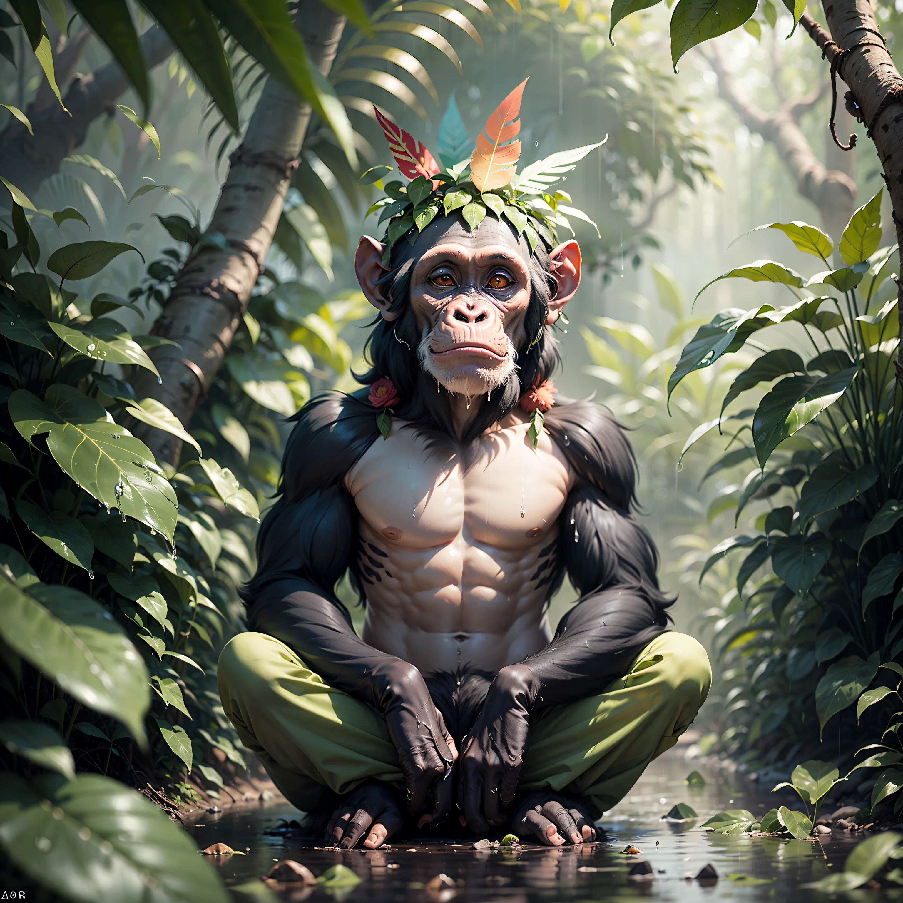 Chimpanzee meditating in a dense jungle, he wears headdress with colorful feathers on his head, looking from the front, body facing the camera, around him many wet foliage after heavy rain