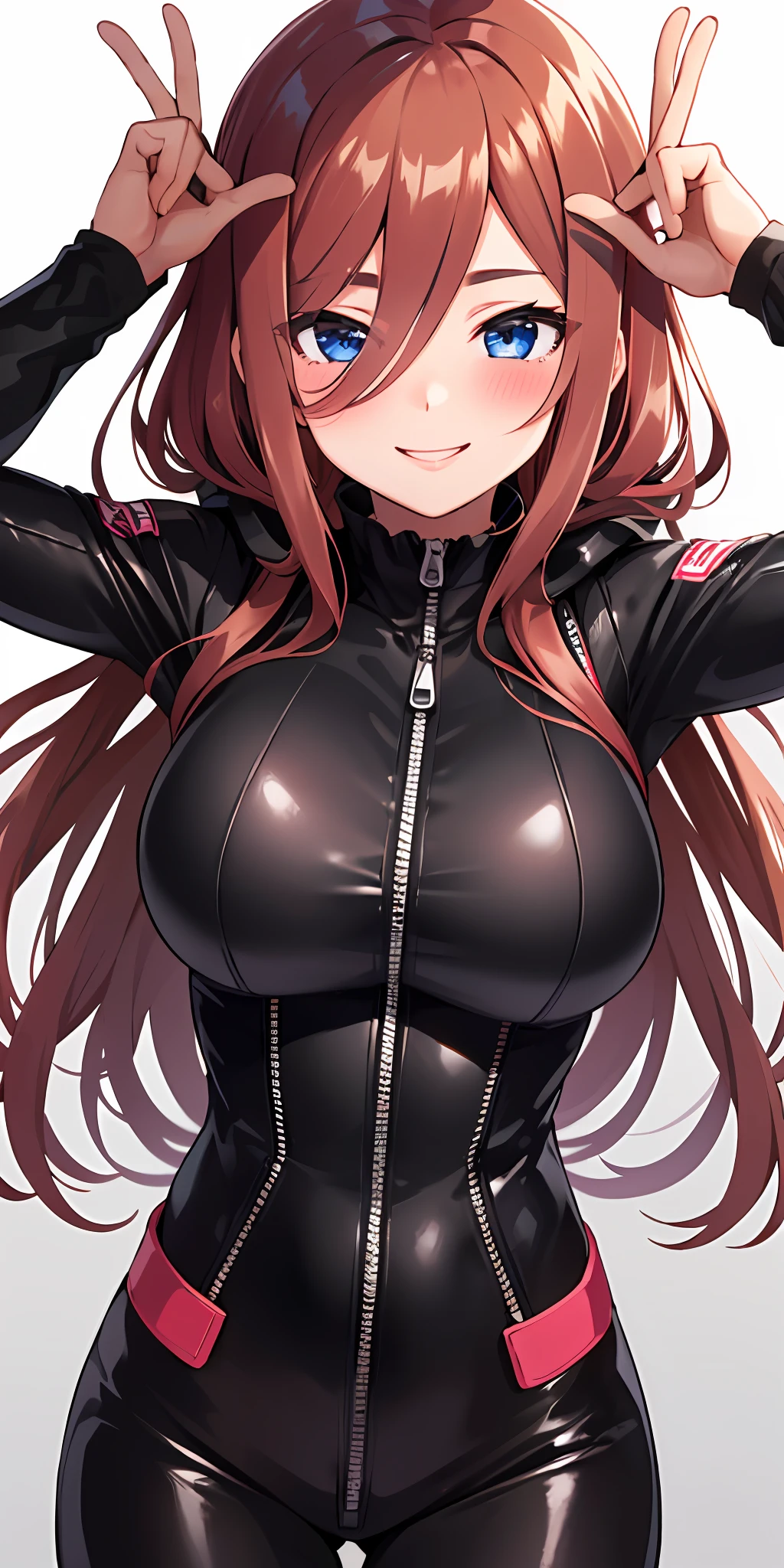 (Best quality:1.3), nakano miku, brown long hair, hair between eyes, large round breasts, tight zipped bodysuit, smiling, blushing:1.2, (pov)