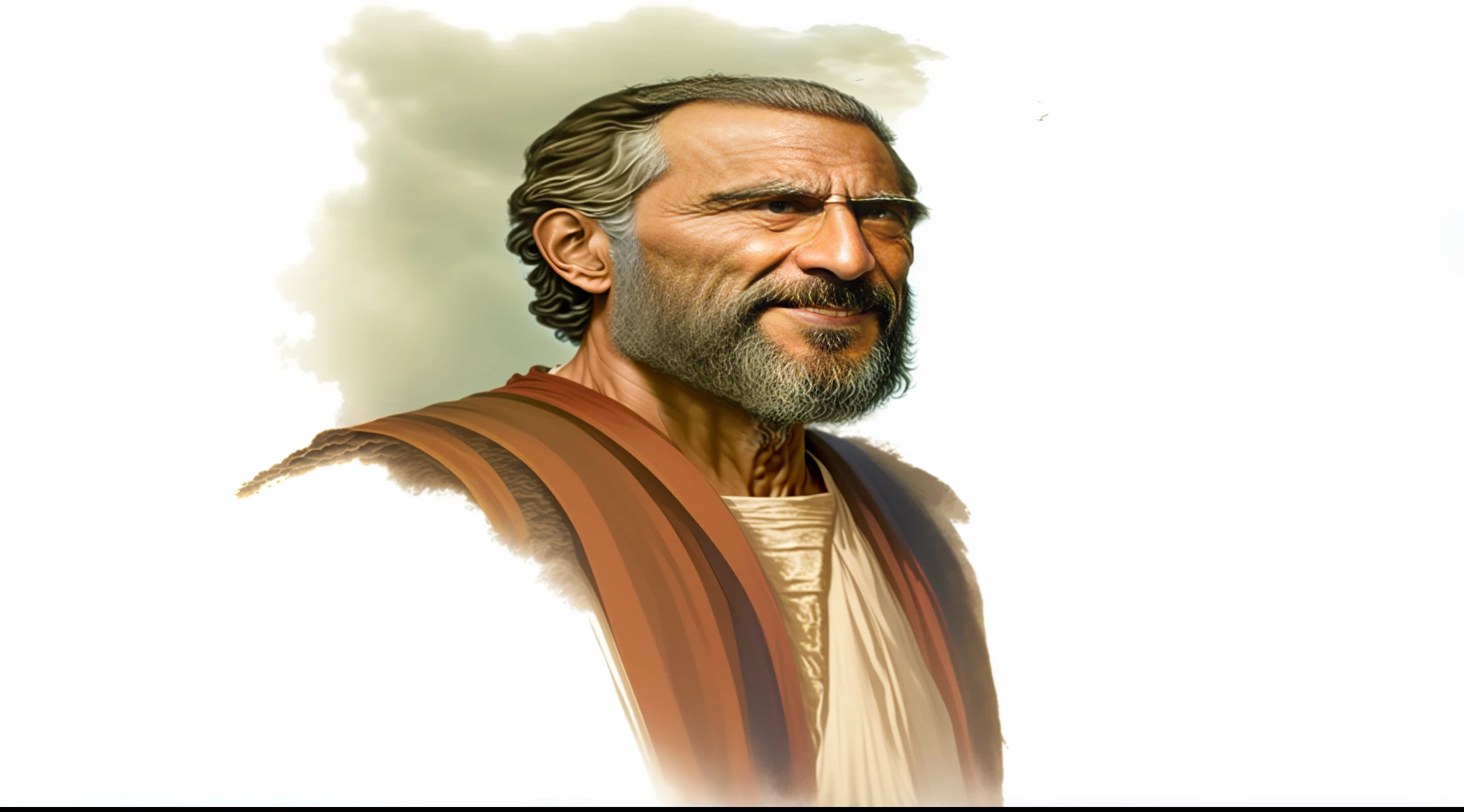 biblical prophet with serene air and active, epic attitude, speaks to his people about the future, knowing what God has commanded him to say,