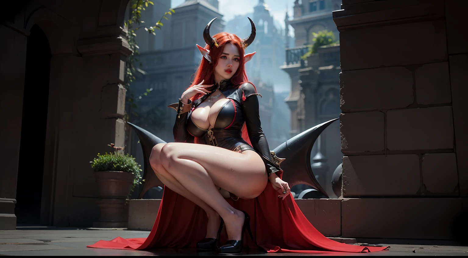 A horned Lilith demon queen, red open lips, big boobs, red lush hair, et body, beautiful face, highly detailed face!!!, big breasts!!, opened light dress, extremely detailed!, digital painting, unreal engine 5, art by tom bagshaw, swet skin and breasts detallated hd, big massive botty and ass, girl touch self breast pose, wet boobs, sexual excitada face, psycho ahegao face, face, sexual pose, backgorund with roman pilars in nigth place, satanic body marks, with pennis inside, lactate boobs,  larges demons horns, gothic queen accesories, full body sit pose, succubus, hight elf ears