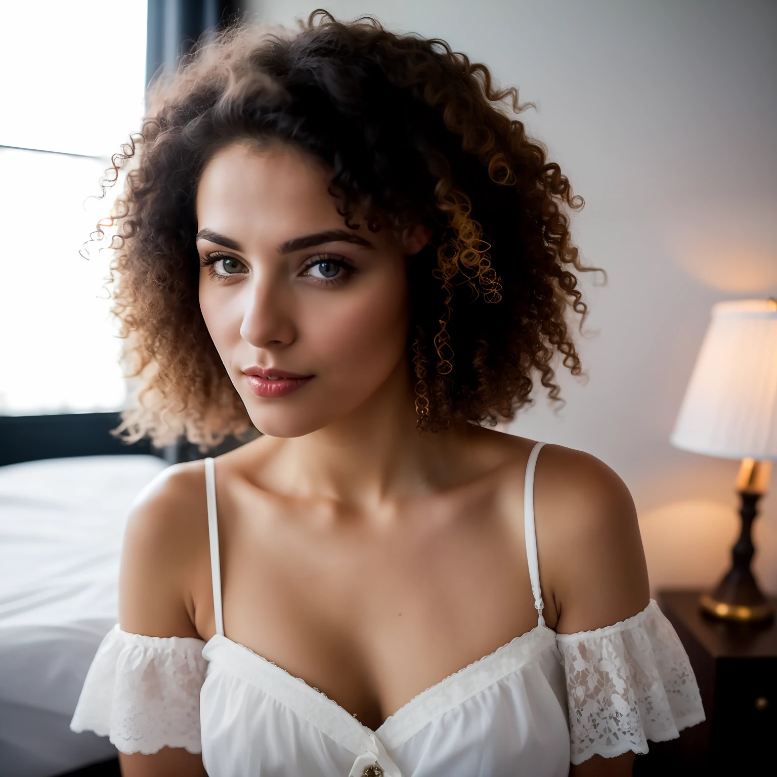 award winning RAW color photo of woman with curly hair, wearing a skirt and blouse, detailed seductive alluring eyes, in a modern bedroom, shiny skin, shallow depth of field, high contrast, backlighting, bloom, light sparkles, chromatic aberration, smooth, sharp focus, taken on a mirrorless camera