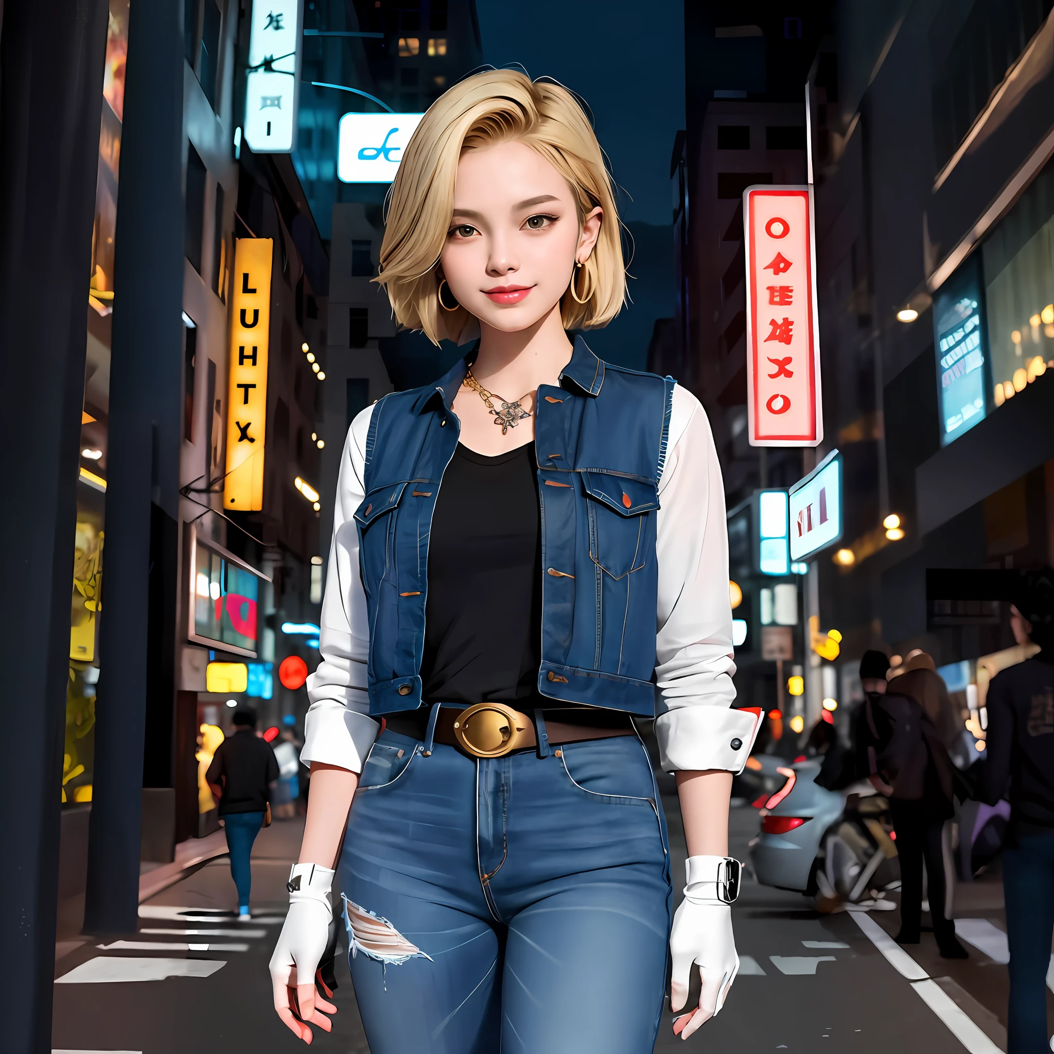 blond woman in a black shirt and blue jean jacket standing on a city street, korean women's fashion model, model is wearing techtical vest, android 18, ruan jia beautiful!, cai xukun, cropped shirt with jacket, roseanne park of blackpink, casual clothing style, wearing a jeans jackets, sun yunjoo, realistic. cheng yi, hyper realistic style