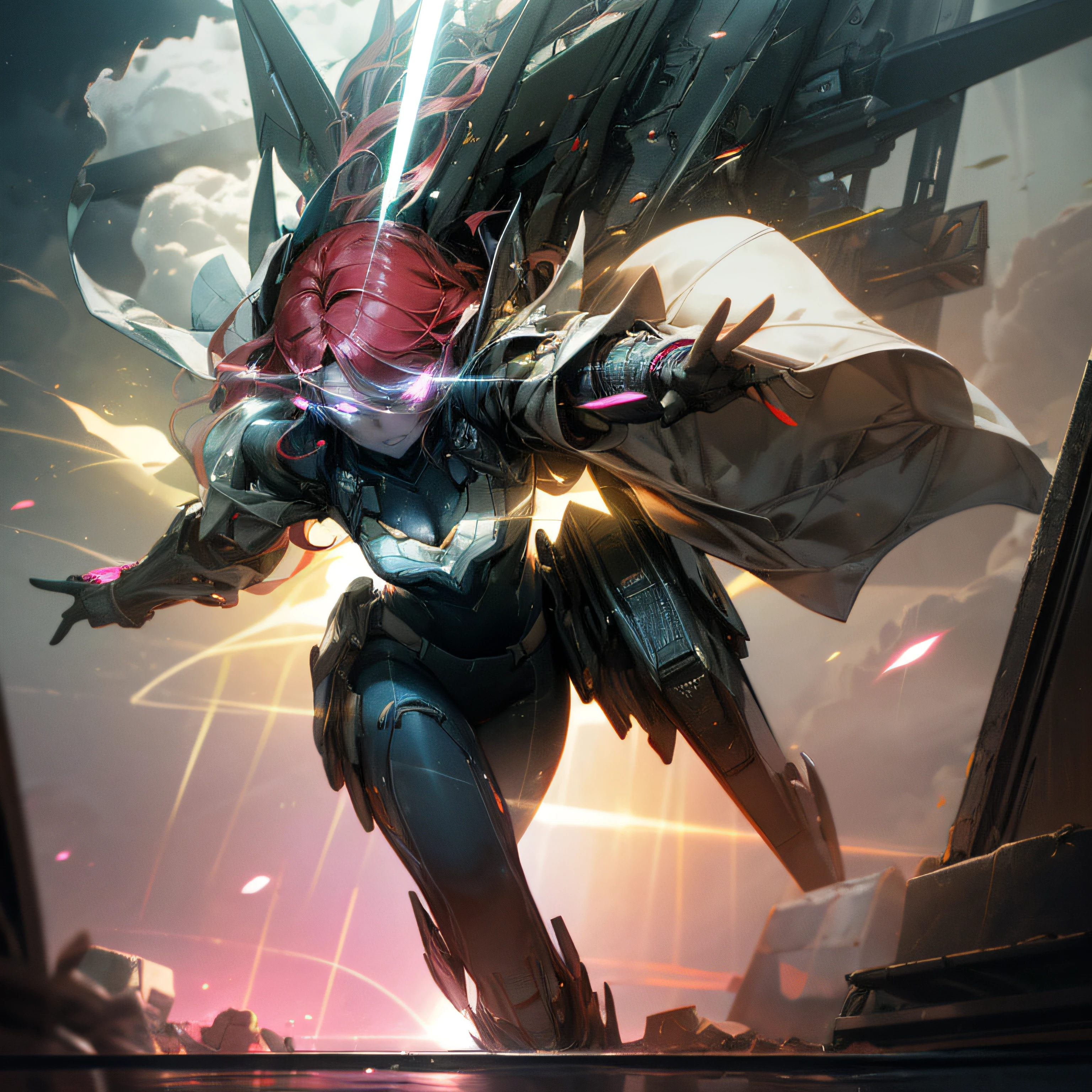 (outstanding, professional, surreal), girl running and shooting railgun, accurate five fingers, the best ratio of four fingers to one thumb, white metal shell shimmers, exposing wet cleavage, smoke, explosion, debris, (battlefield: 1.4), (running: 1.4), (shooting: 1.4), (railgun: 1.4), (thick body: 1.4), (long red hair: 1.4), pink eyes, HDR (High Dynamic Range), Ray Tracing, NVIDIA RTX, Super Resolution, Unreal 5, Subsurface Scattering, PBR Texturing, Post-Processing, Anisotropic Filtering, Depth of Field, Maximum Clarity and Sharpness, Multi-Layer Textures, Albedo and Specular Maps, Surface Shading, Accurate simulation of light-material interactions, octane rendering, two-tone lighting, low ISO, white balance, rule of thirds, wide aperture, 8K RAW, efficient subpixel, subpixel convolution, (luminous particles: 1.4), {{Masterpiece, highest quality, highly detailed CG, Unity 8k wallpapers, 3D, sci-fi, cyber, cinematic lighting, Lens flare}},