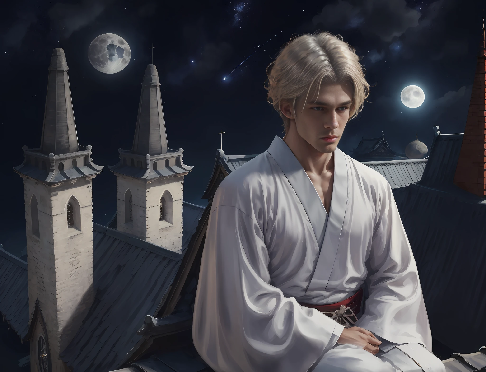 blonde haired man with white hair traditional white Japanese clothing, sitting on the roofs of a church,human male character art, realistic digital painting, realistic art style, handsome male reaper, detailed bass. digital painting, closeup character portrait, digital character painting churches in the background and roofs, moon and starry sky --auto