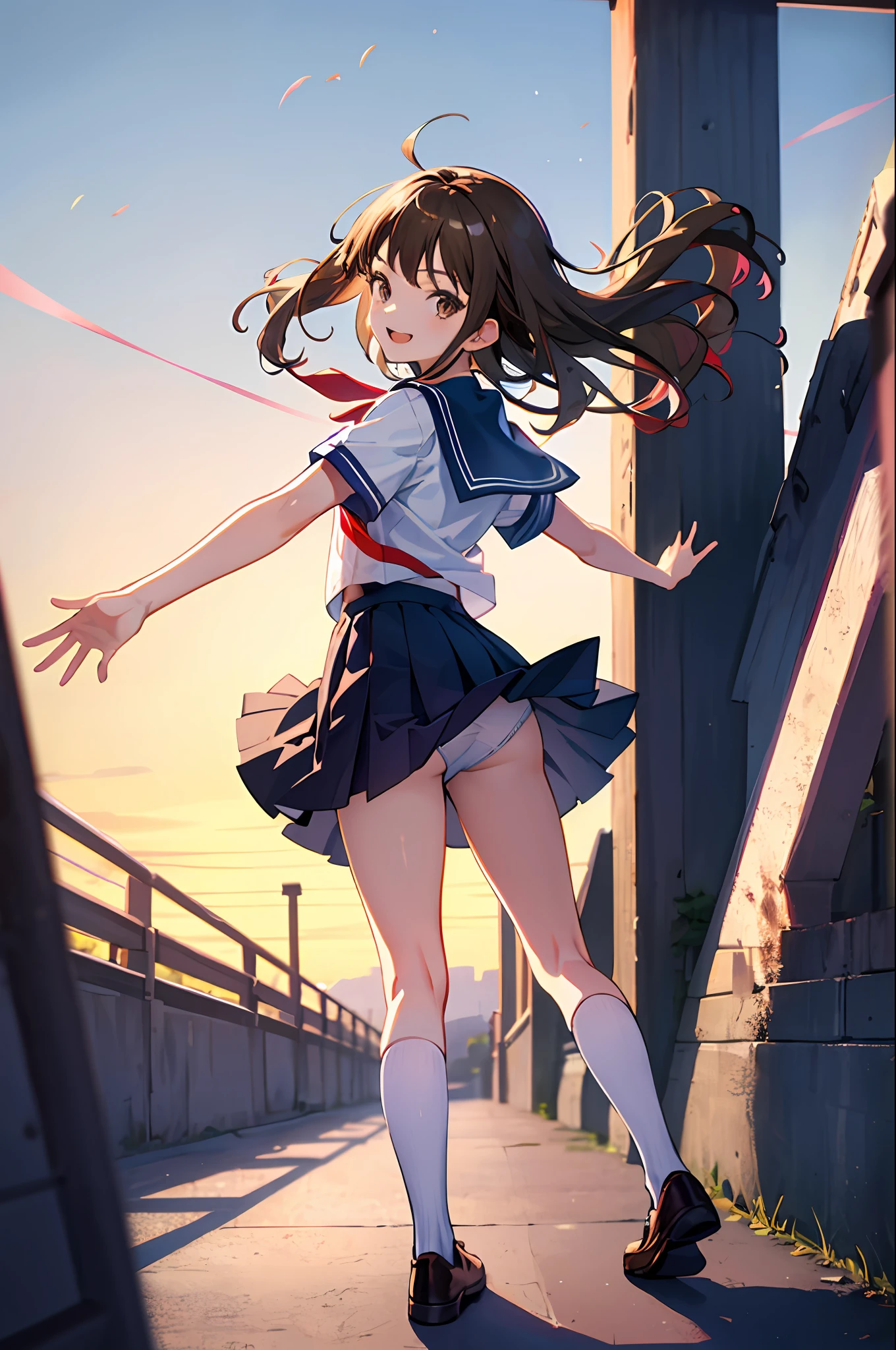 Top quality, masterpiece, high resolution, very detailed, 8k, one girl, cute, anime, crystal clear white skin, asian girl, sensual, full-body, young, , 13 years old,r color is ligown), on the way to school in the morning, summer uniform, with a student bag, panchira: 1.2, windy and hair fluttering, from behind diagonally, miniskirt, lift-up skirt, smile, fantasy, Low angle, palm outstretched here, cute white underwear