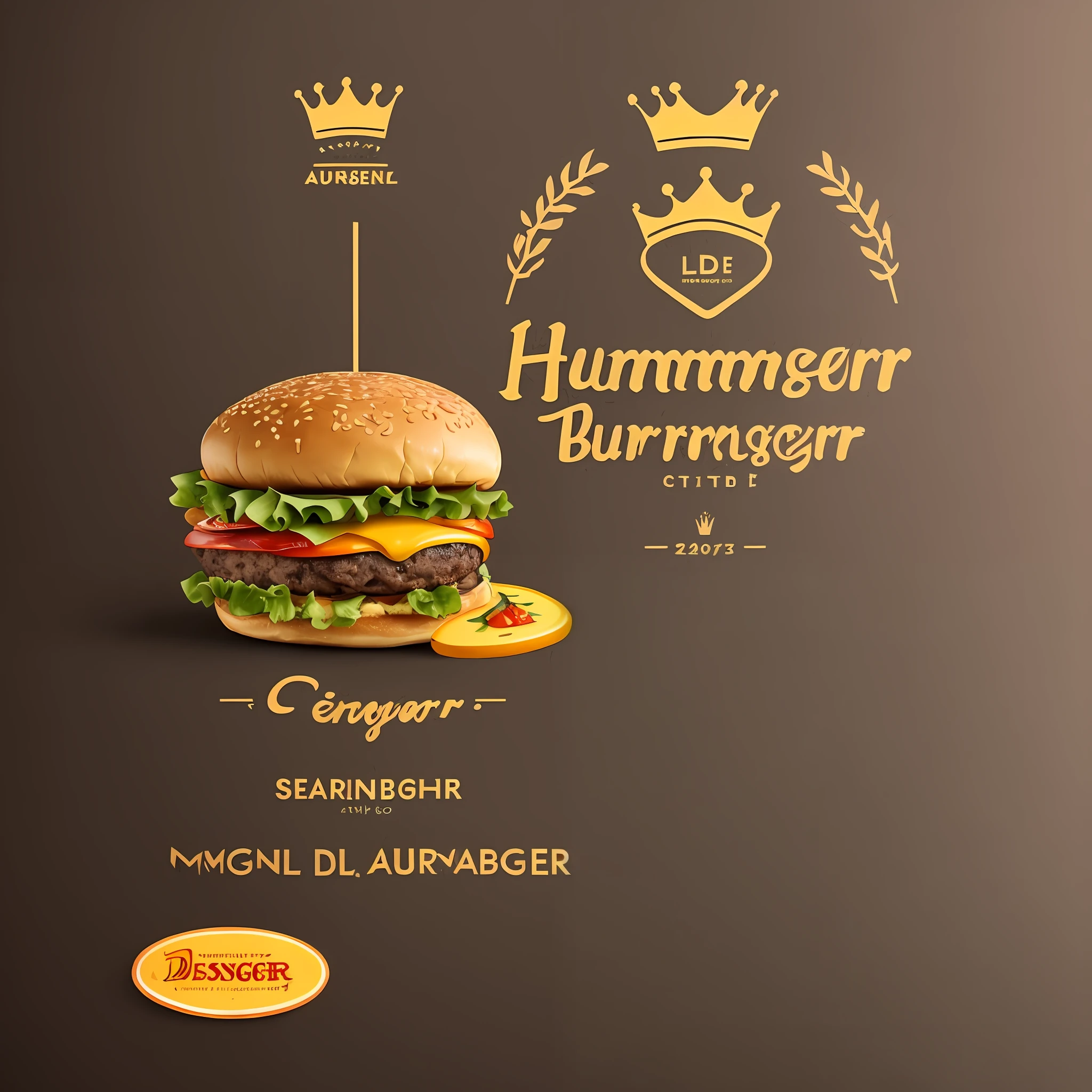 Logo, Harmburger logo, Burger with a crown, using dark red and gold colors, with a stylized crown, elegant sans serif font and a balanced composition that conveys sophistication and appetite. LOGO DESENHADA --auto