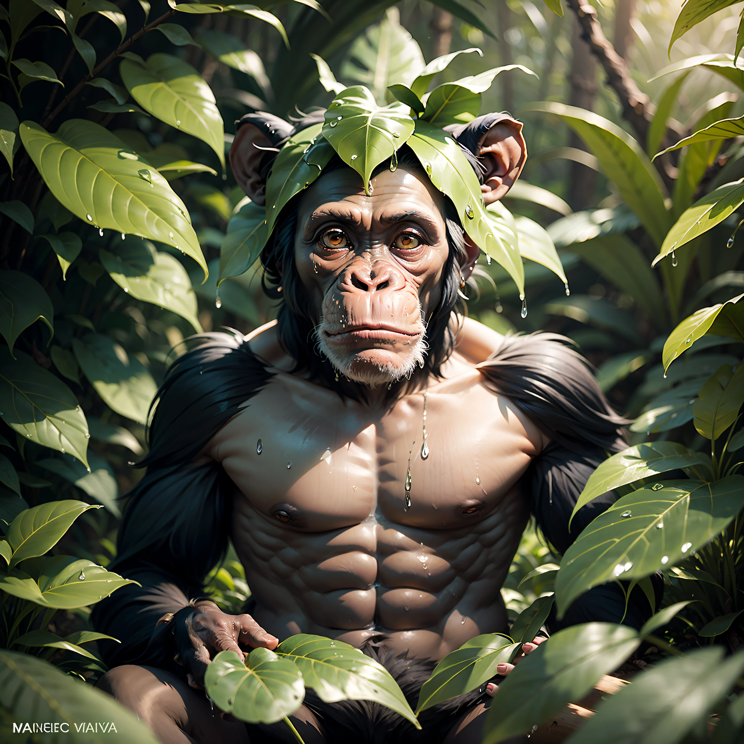 Chimpanzee meditating in a dense jungle, he wears headdress with colorful feathers on his head, looking from the front, body facing the camera, around him many wet foliage after heavy rain