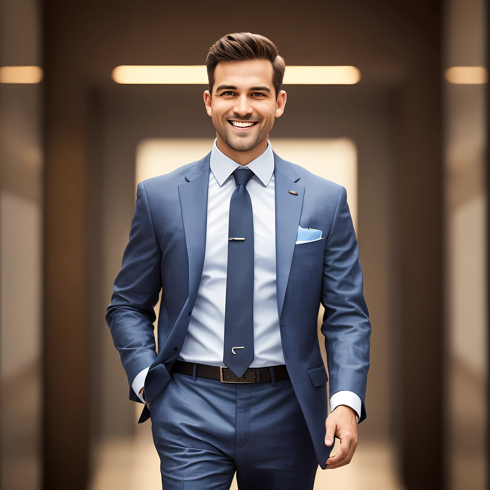 a Man standing with 30 years in suit and tie, body and head straight in the photo, DSRL, facing the viewer of the photo, eyes fixed to the lens, appears shoulders and head in the photo, man centered in the photo, 8k, best quality, masterpiece, realistic, realistic photo, movie photo, ultra realistic, 1 person, detailed, folds a regular-sized check, puts it in their pocket, and and he walks away cheerfully, leaving others curious about the secret behind their smile. Perfect lighting, DSRL, professional photo, 4k --auto --s2