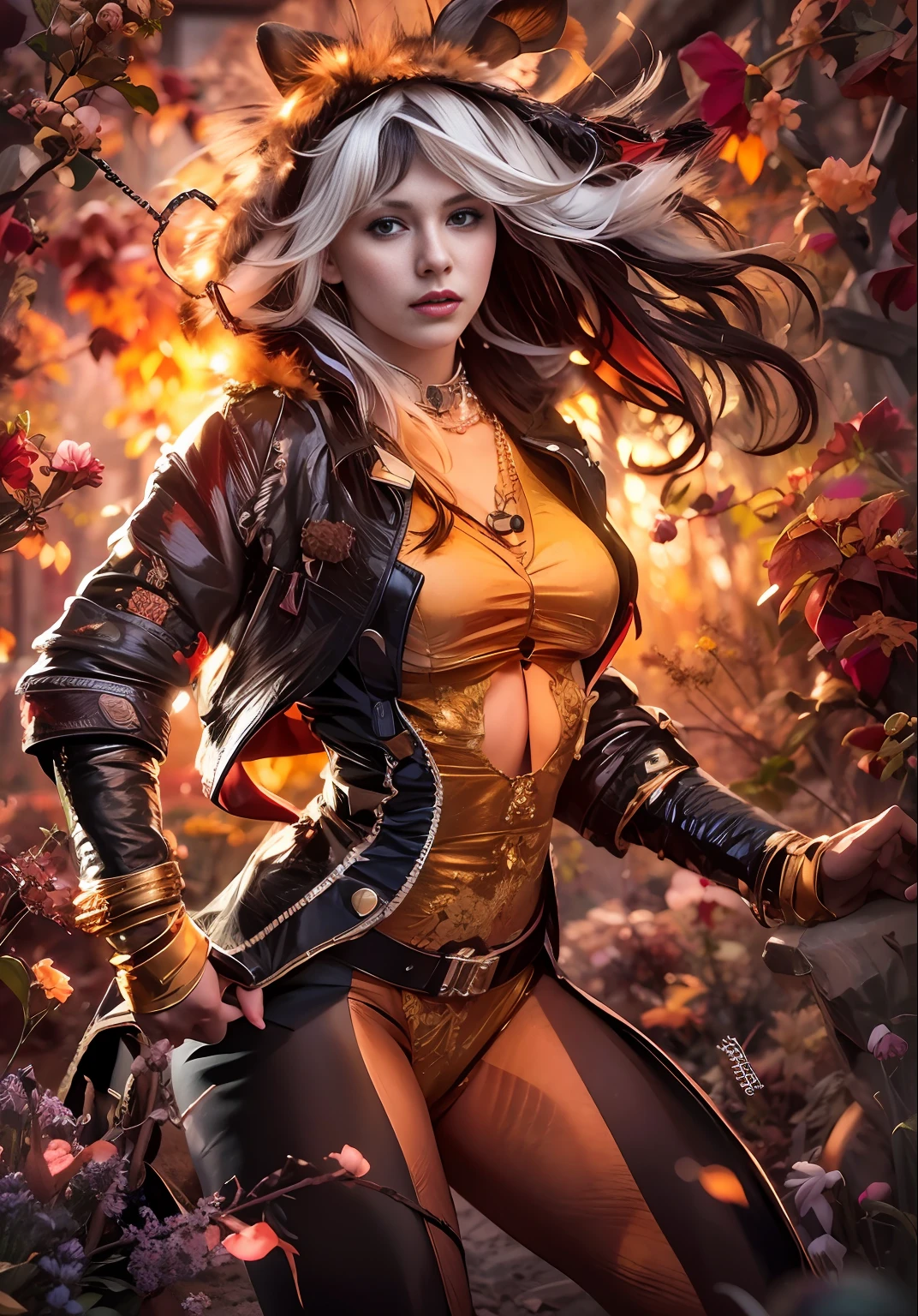 a historic young beautiful character, 

wearing a crop top with short skirt, 

looking at viewer, 

light maroon cream black vintage, 

sunset, 

soft body, 

flowing hair, 

wild flowers, 

the start of spring, 

Shadow play, 

top view, 

light, 

mist, 

moody, 

glossy brown hair, 

earthy, 

vivid, 

red, 

purple, 

blue, 

cinematic, 

Film light, 

Hyper detailed, 

Hyper realistic, 

masterpiece, 

atmospheric, 

High resolution, 

Vibrant, 

High contrast, 

dark angle, 

art by Koos Roos, 

8k, 

HDR, 

500px