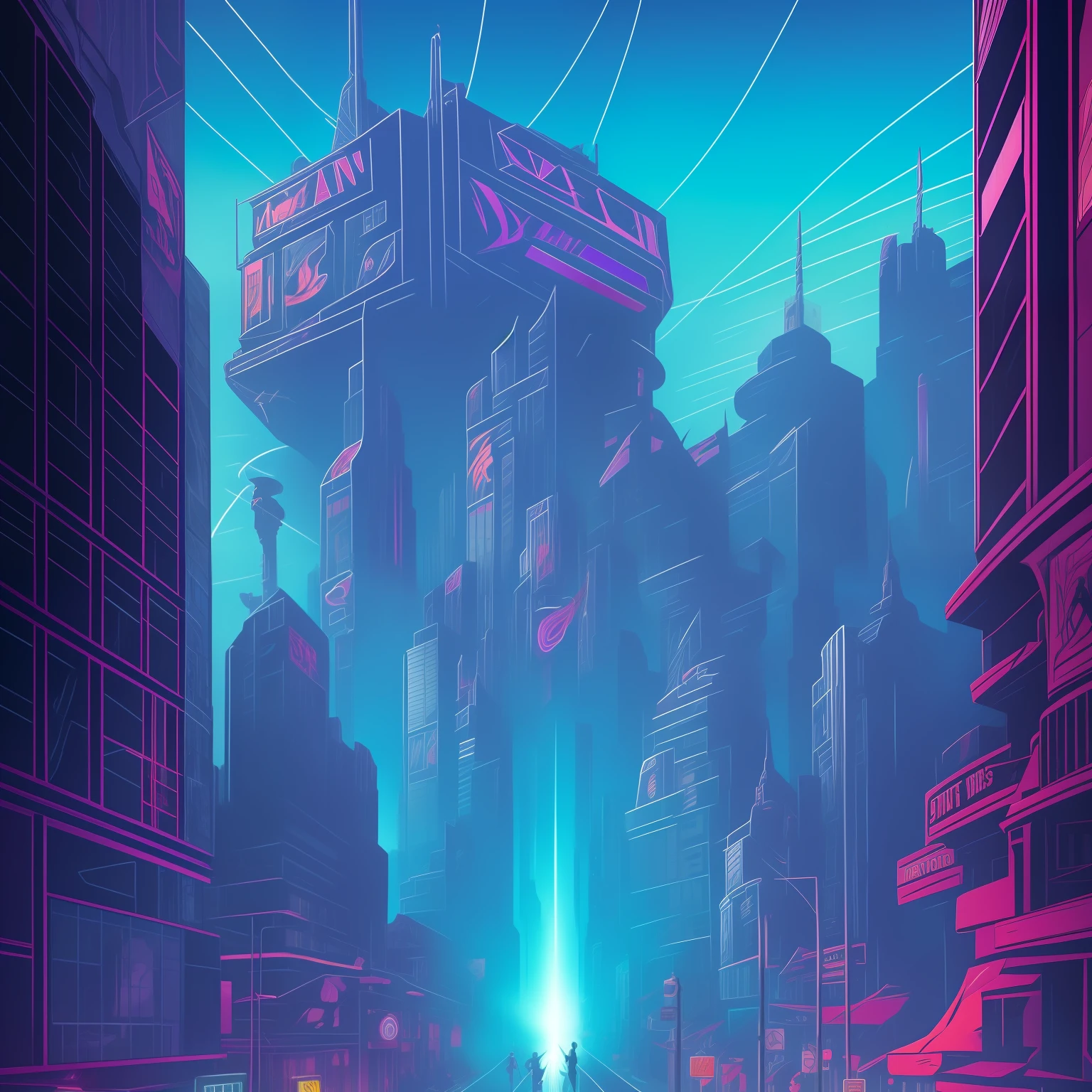 It is the year 1985 and a wave of alien attacks terrorizes the cities of the world. Mysterious and sinister extraterrestrial creatures emerge from the sky, soaring over skyscrapers with their disc-shaped space ships. The neon lights of the streets blend with the alien rays, creating a dystopian sci-fi atmosphere.
The cities, dipped in shades of blue and purple, are a reflection of the backward future. The buildings are adorned with distorted propaganda holograms, heralding a grim reality. People run in panic through the streets as the aliens advance relentlessly, emitting shrill sounds and showing off advanced technology. 1980s horror book cover style