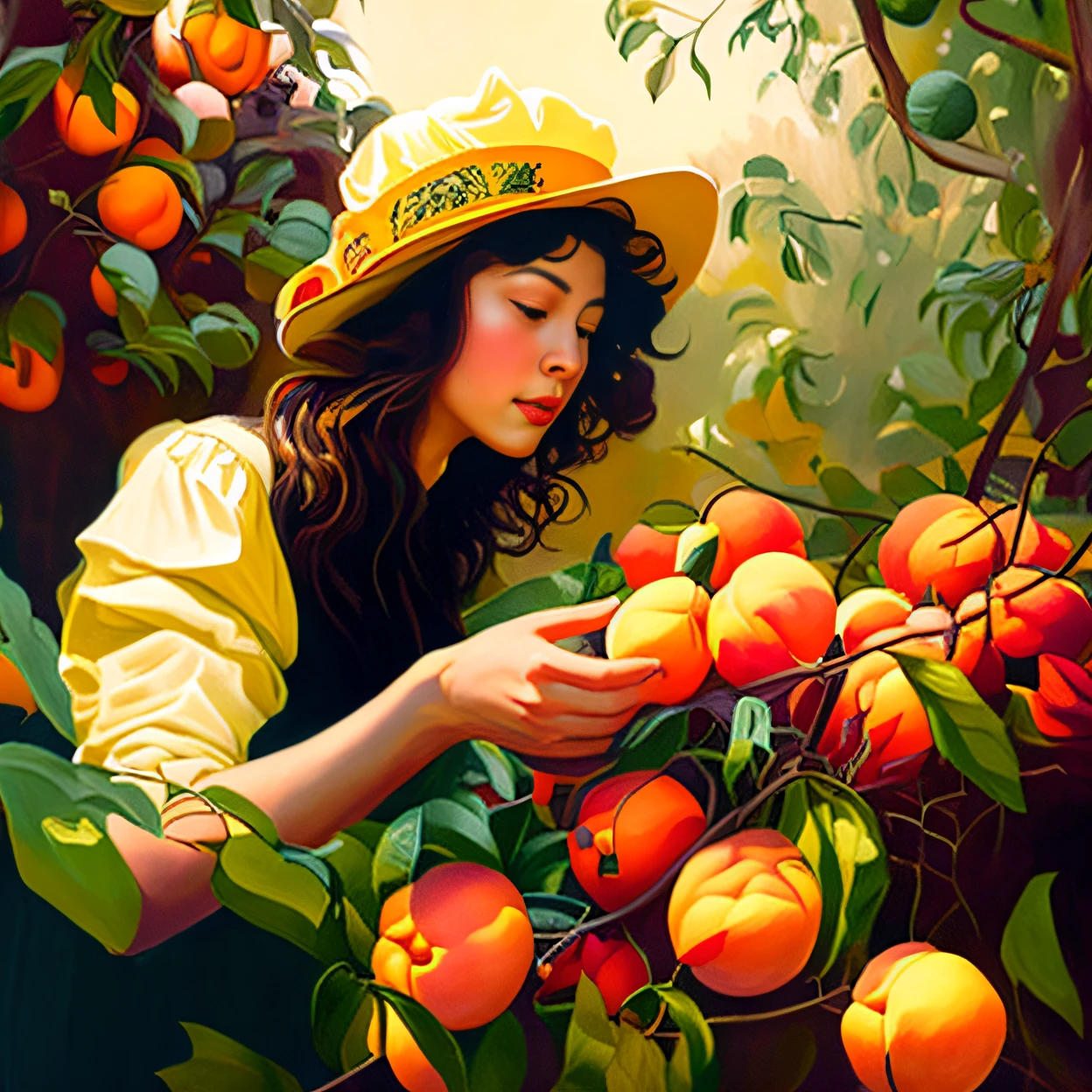 painting of a woman picking peachs from a tree with a hat, she is easting a peach, heather theurer, korean artist, jen bartel, inspired by Art Frahm, peach, peaches, casey weldon, by Alexander Kucharsky, mary jane ansell, artgerm julie bell beeple, by Kim Hwan-gi