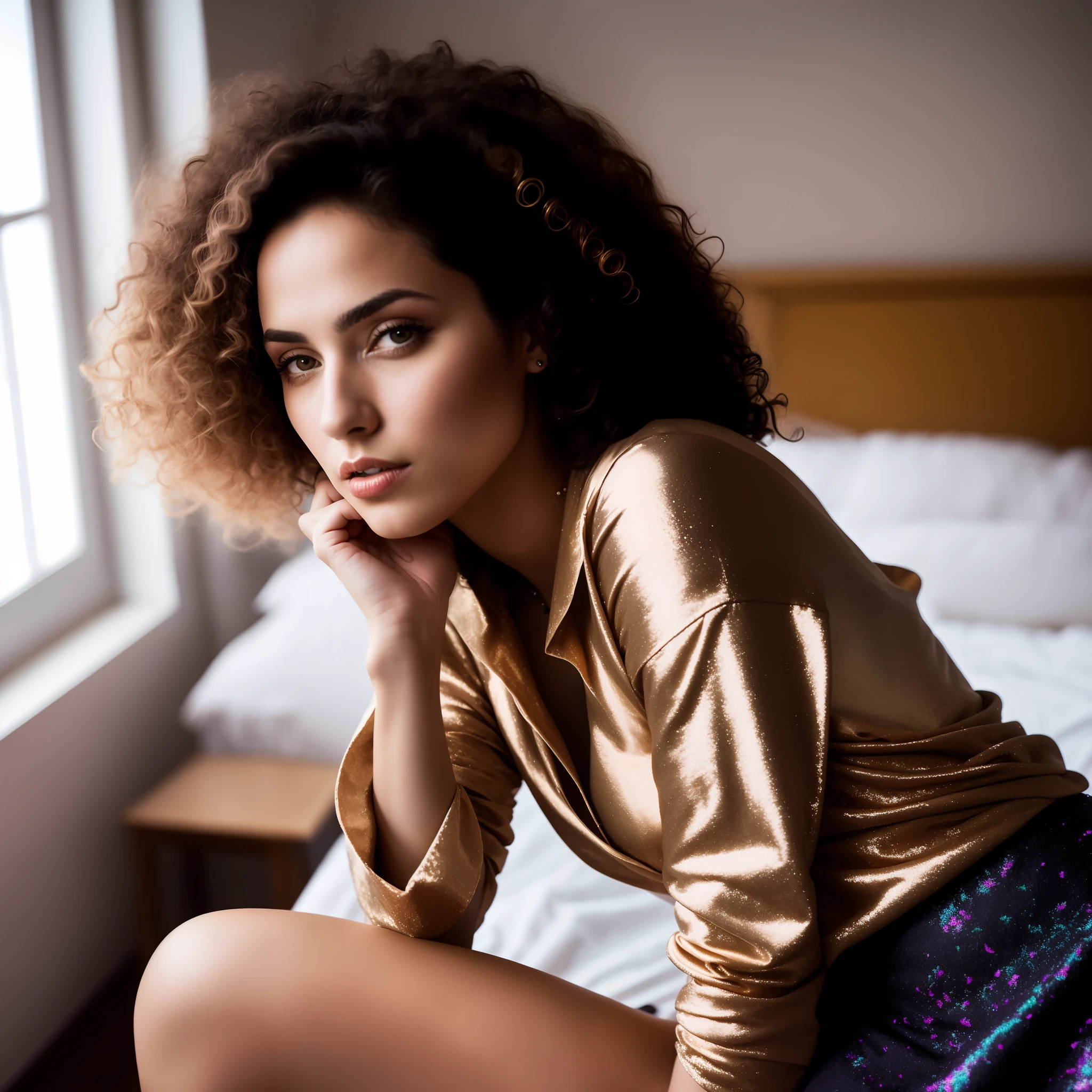 award winning RAW color photo of woman with curly hair, wearing a skirt and blouse, detailed seductive alluring eyes, in a modern bedroom, shiny skin, shallow depth of field, high contrast, backlighting, bloom, light sparkles, chromatic aberration, smooth, sharp focus, taken on a mirrorless camera