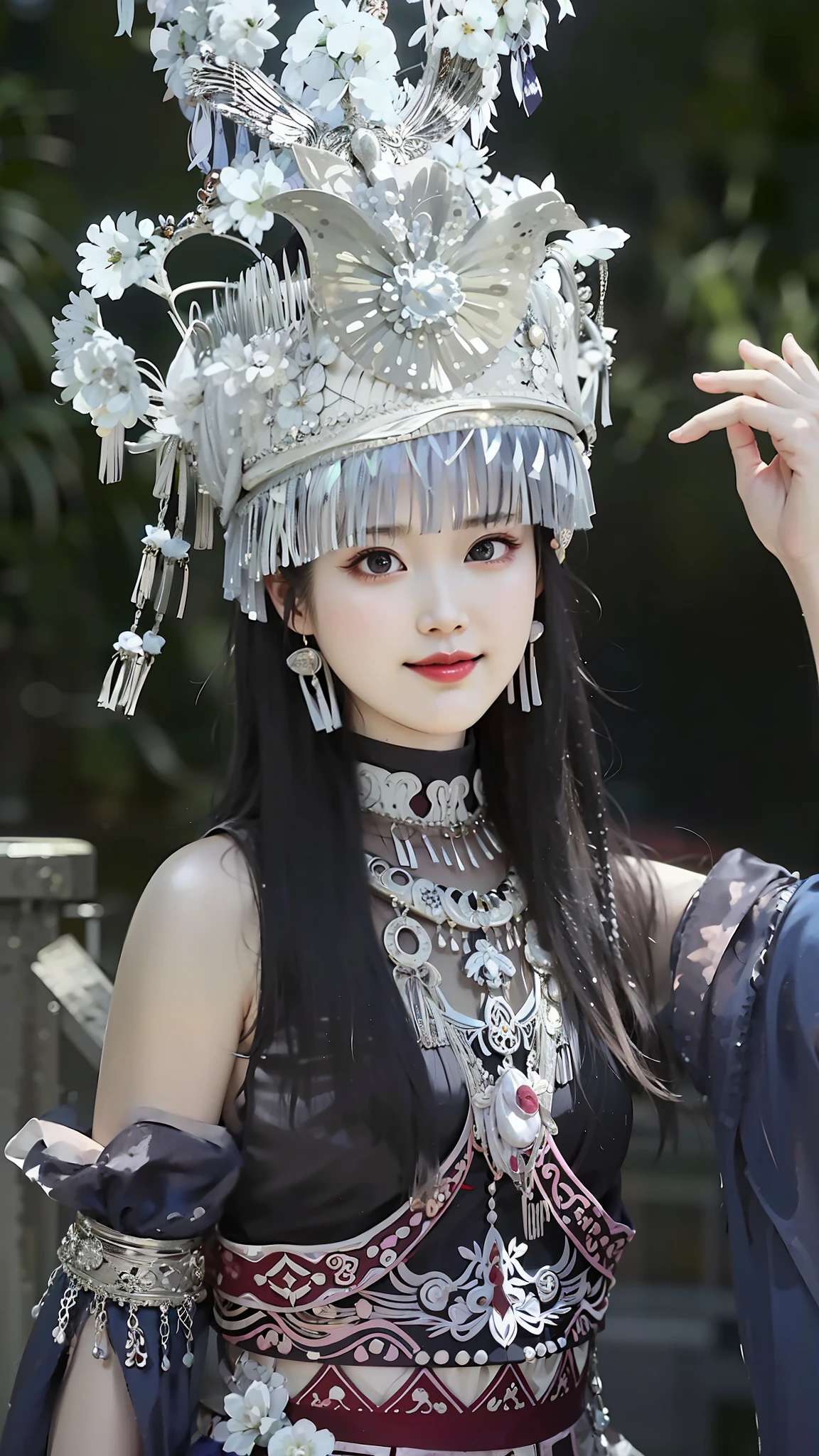 araffe woman in a silver hat and a black dress, traditional beauty, inspired by Luo Mu, traditional chinese, queen of the sea mu yanling, with acient chinese clothes, full body xianxia, inspired by Huang Ji, traditional tai costume, chinese costume, inspired by Du Qiong, inspired by Li Mei-shu, chinese style