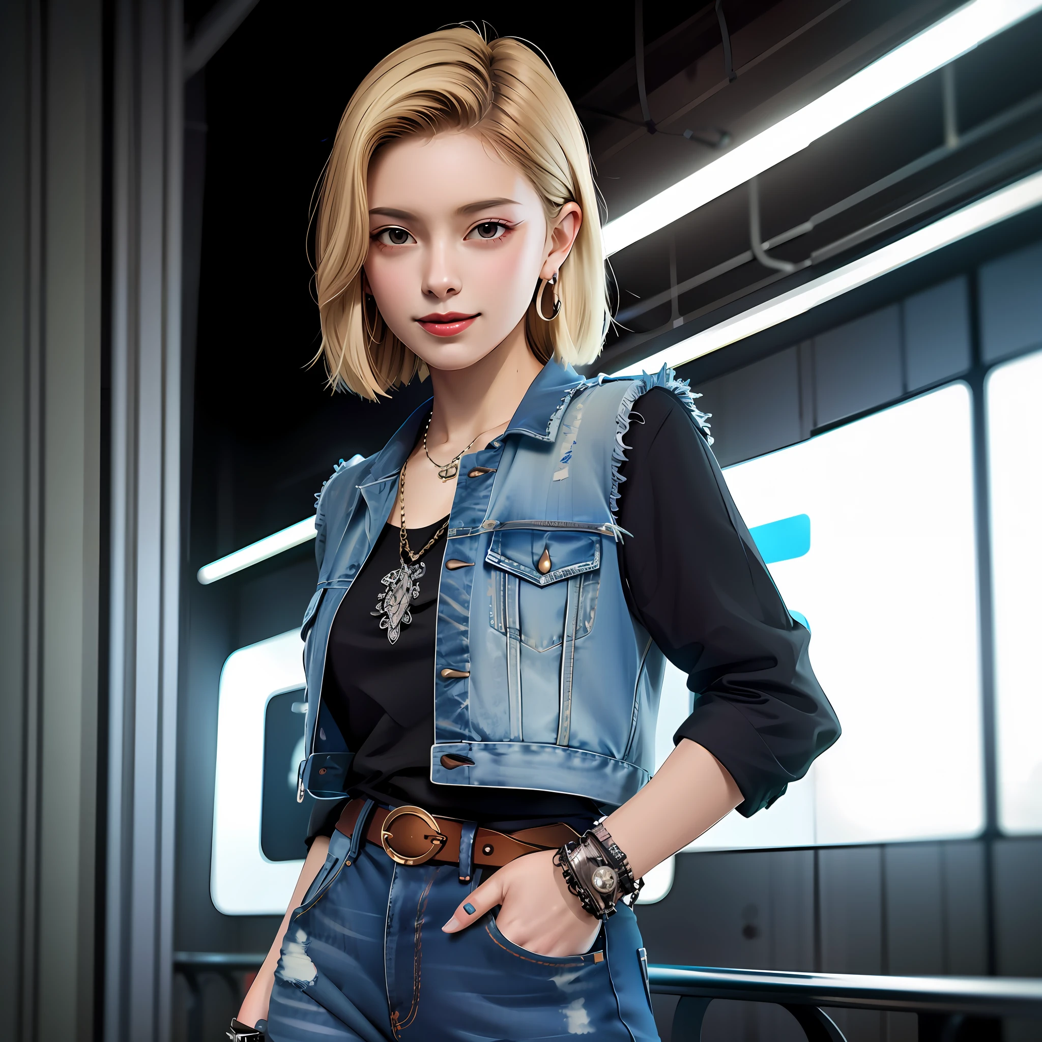 arafed woman in a denim vest and jeans posing for a picture, shot on canon eos r 5, shot on canon eos r5, model is wearing techtical vest, korean women's fashion model, roseanne park of blackpink, captured on canon eos r 6, shot on nikon z9, cropped shirt with jacket, cai xukun