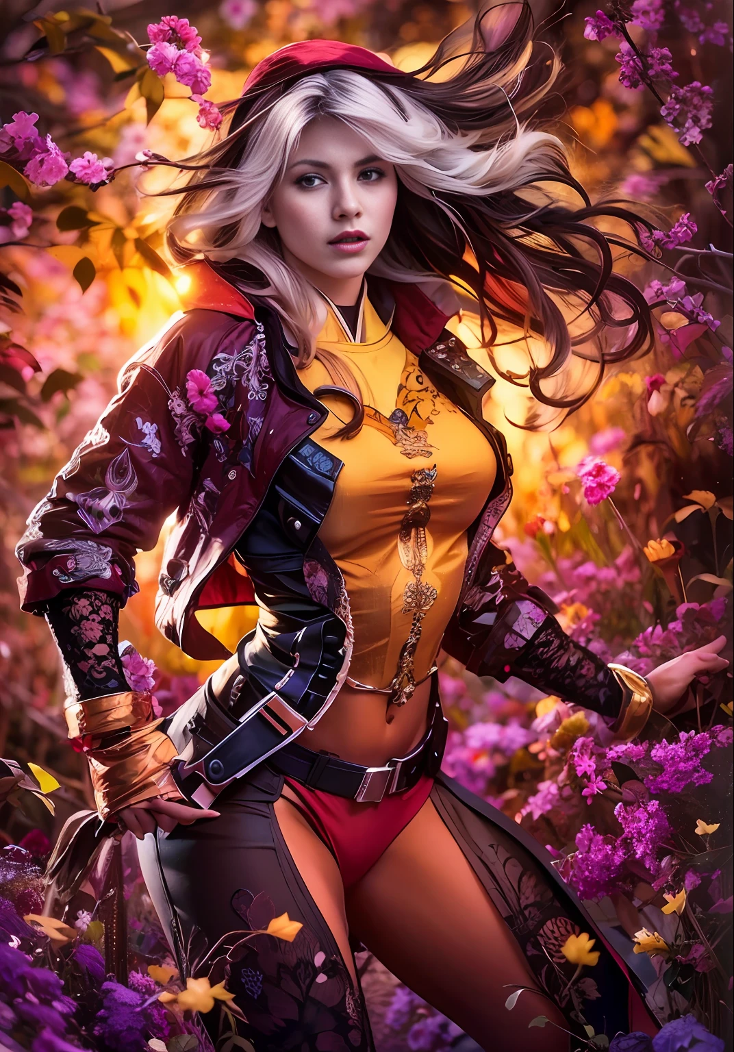 a historic young beautiful character,
wearing a crop top with short skirt,
looking at viewer,
light maroon cream black vintage,
sunset,
soft body,
flowing hair,
wild flowers,
the start of spring,
Shadow play,
top view,
light,
mist,
moody,
glossy brown hair,
earthy,
vivid,
red,
purple,
blue,
cinematic,
Film light,
Hyper detailed,
Hyper realistic,
masterpiece,
atmospheric,
High resolution,
Vibrant,
High contrast,
dark angle,
art by Koos Roos,
8k,
HDR,
500px
