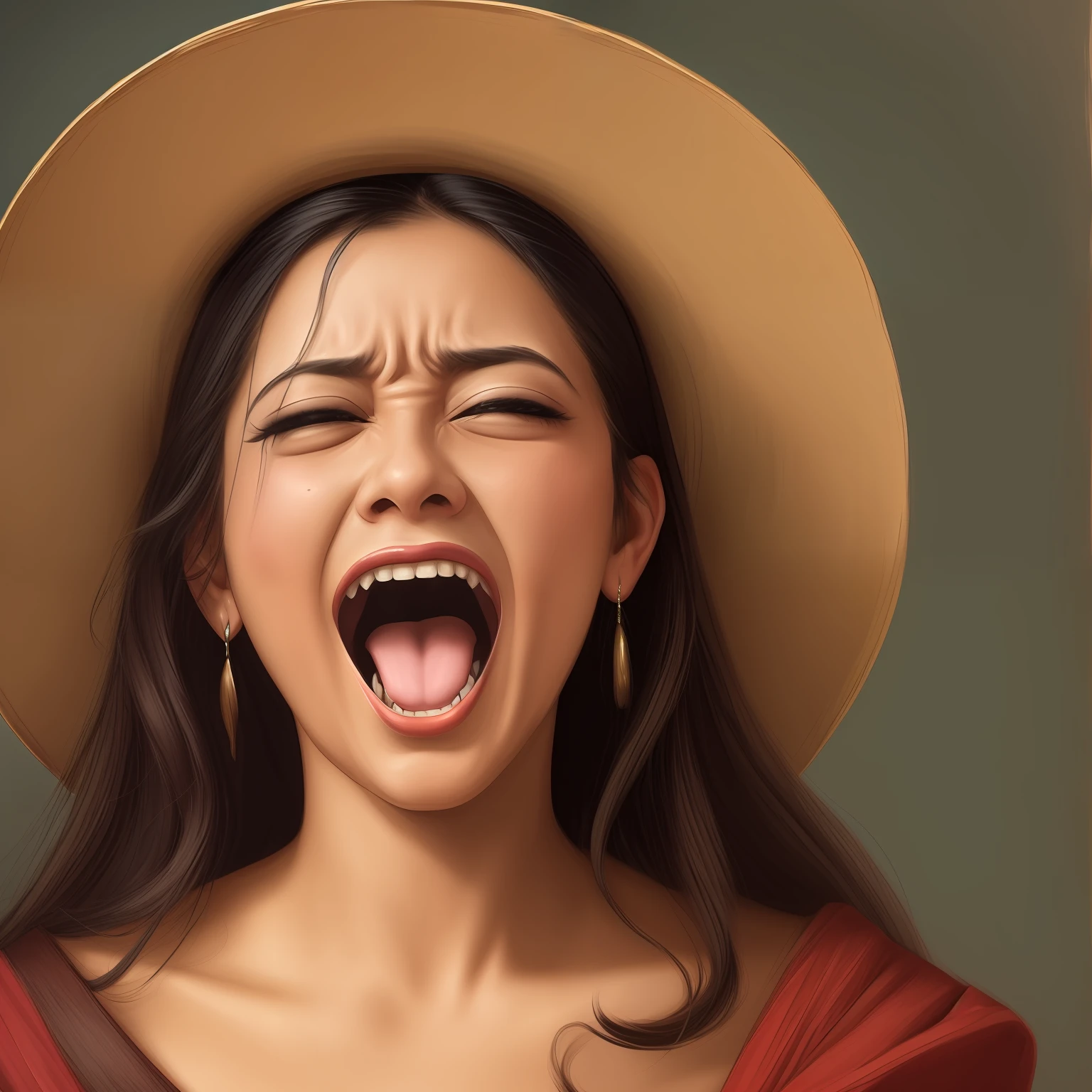 digital paintings Mexican woman screaming with her mouth wide open, close-up, facing the viewer and crying with long hair and Renaissance dress --auto