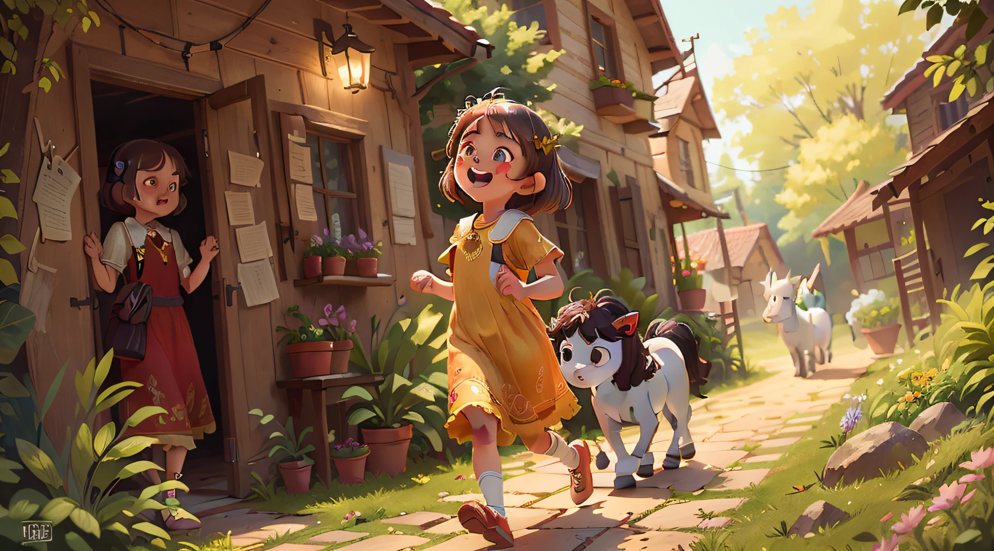 ((best quality)) ((masterpiece)) ((detailed face)) (detailed description) (do not duplicate) (detailed expressions) (highly detailed:1.3) (4k) seen from afar, cinematic, a girl in a golden tiara, , golden dress, long dress, short hair, brown hair, happy, running, next to a white unicorn horse, in a flower garden