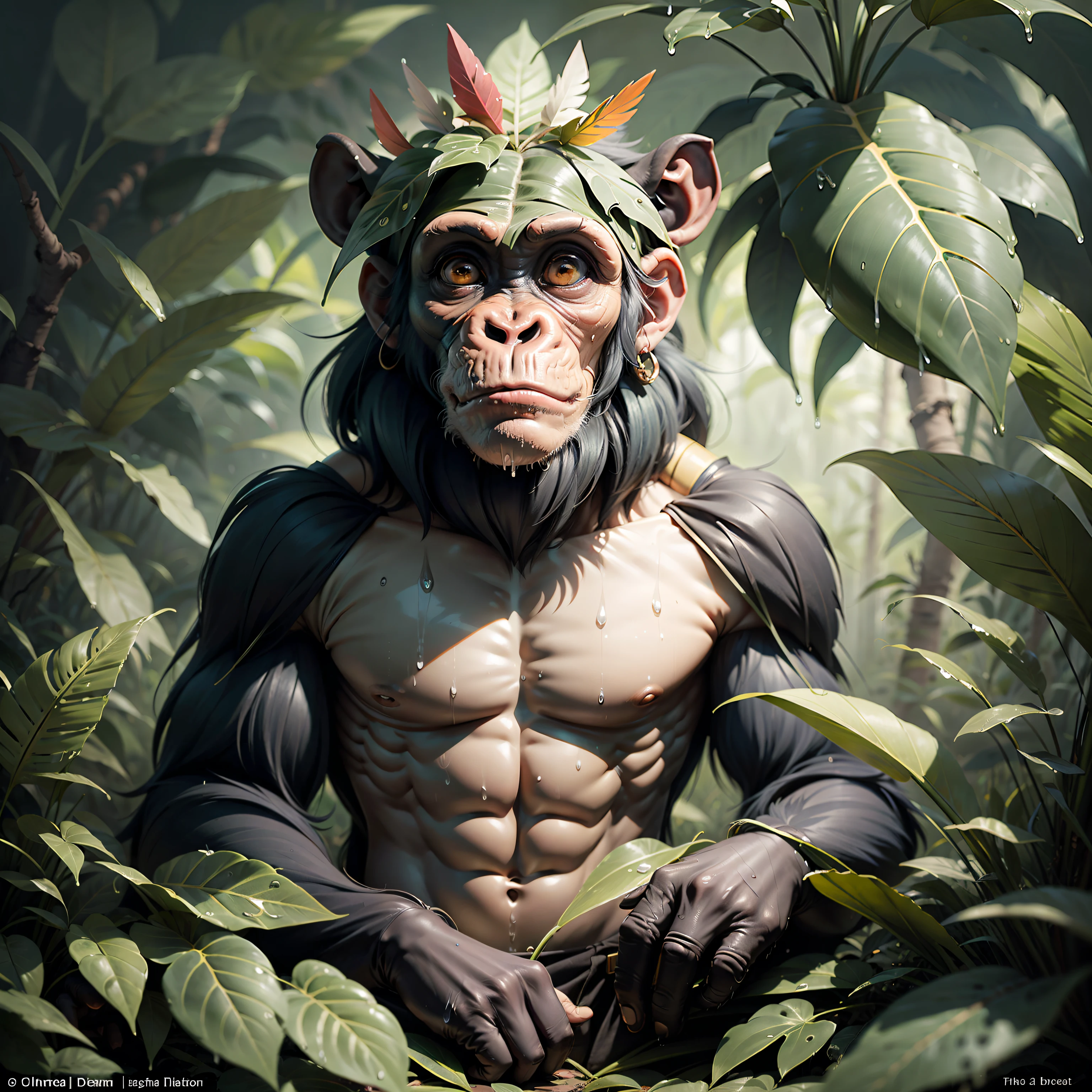Chimpanzee meditating in a dense jungle, he wears headdress with colorful feathers on his head, looking from the front, body facing the camera, around him many wet foliage after heavy rain