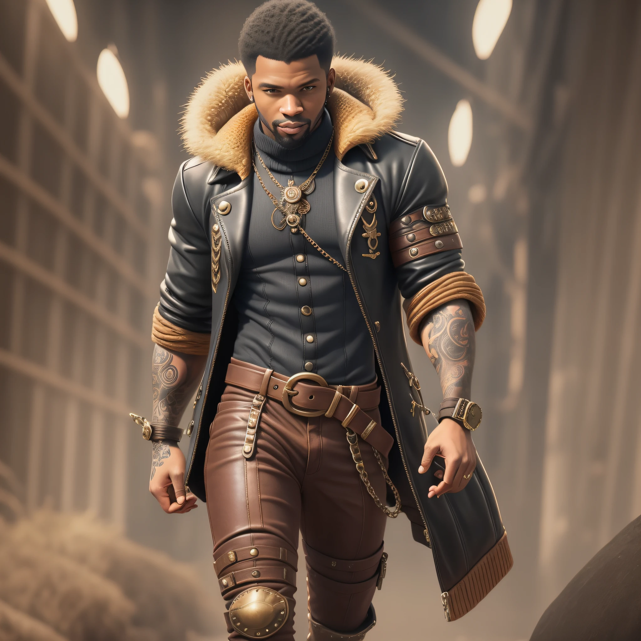 (full-length: 1.2), a masterpiece, of the highest quality, beautiful and aesthetic, a tall black man, muscular, with short military hair and brown eyes (metallic tanned skin: 1.5), covered in tattoos (runes: 1.2), dress (dark brown leather jacket with turtleneck and metal buckles: 1.3), black boots with hard sole, (technology: 1.2), (steampunk accessories: 1.3), super detailed, sharpness, erosion, colorful, hyper-realism