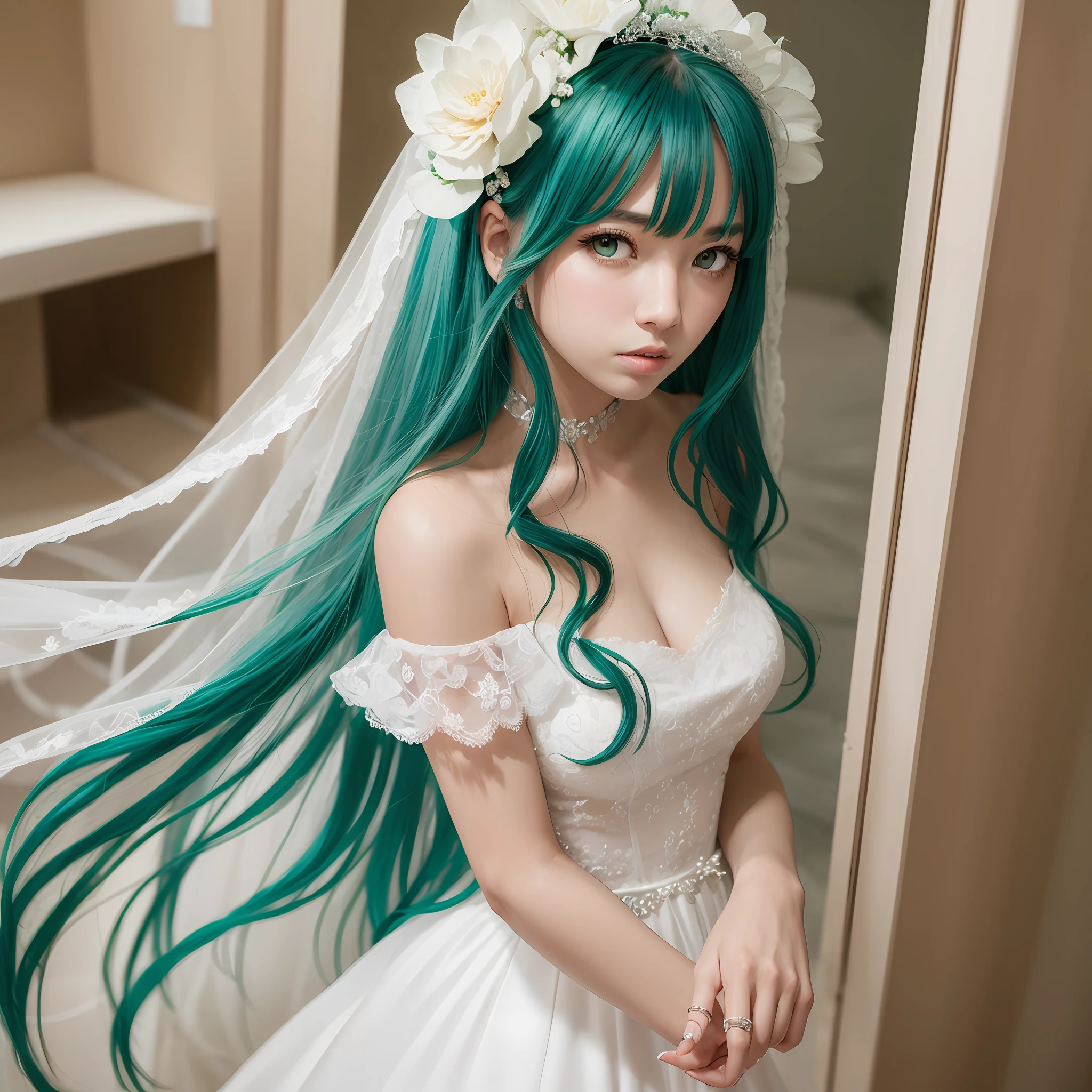 girl, green hair, long hair, (full body), wedding dress, photoshoot --auto