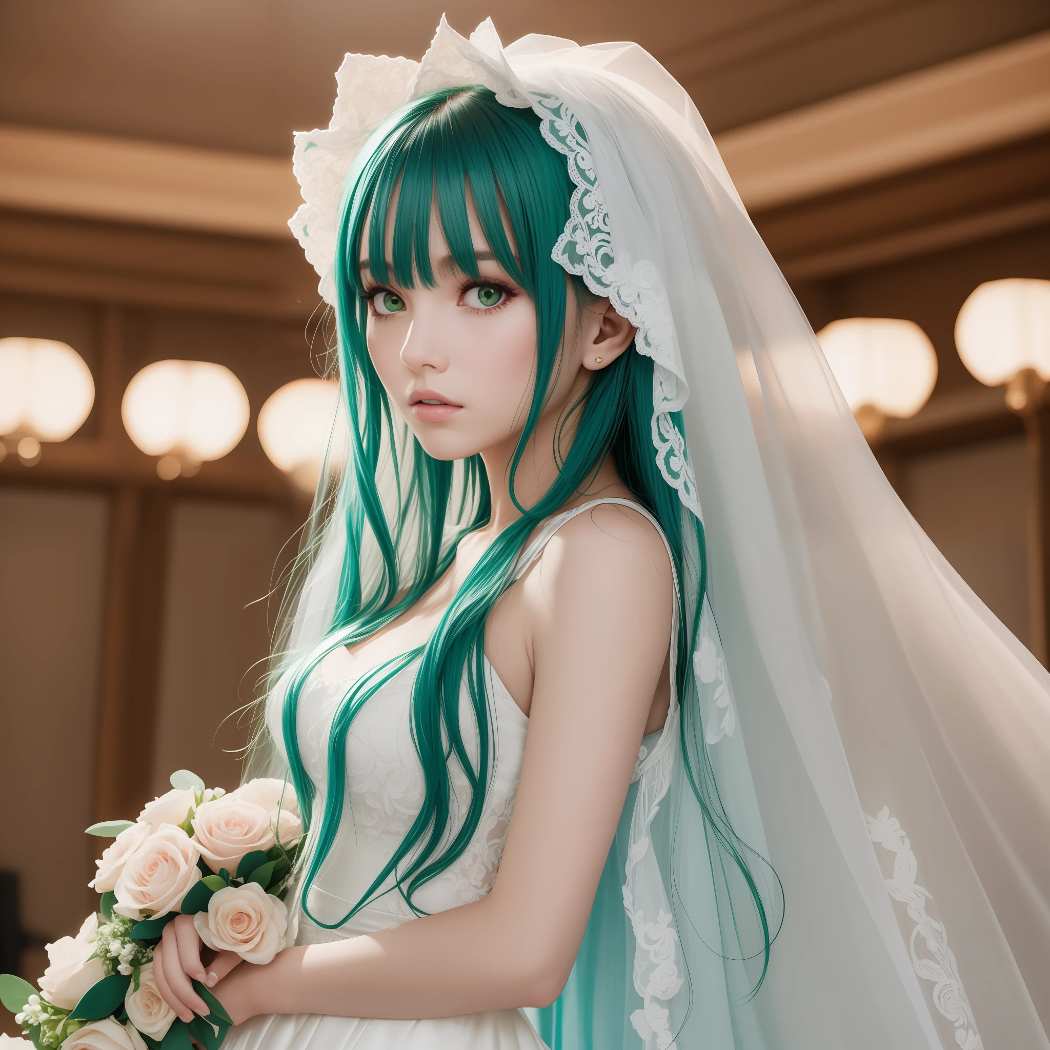 girl, green hair, long hair, (full body), wedding dress, photoshoot