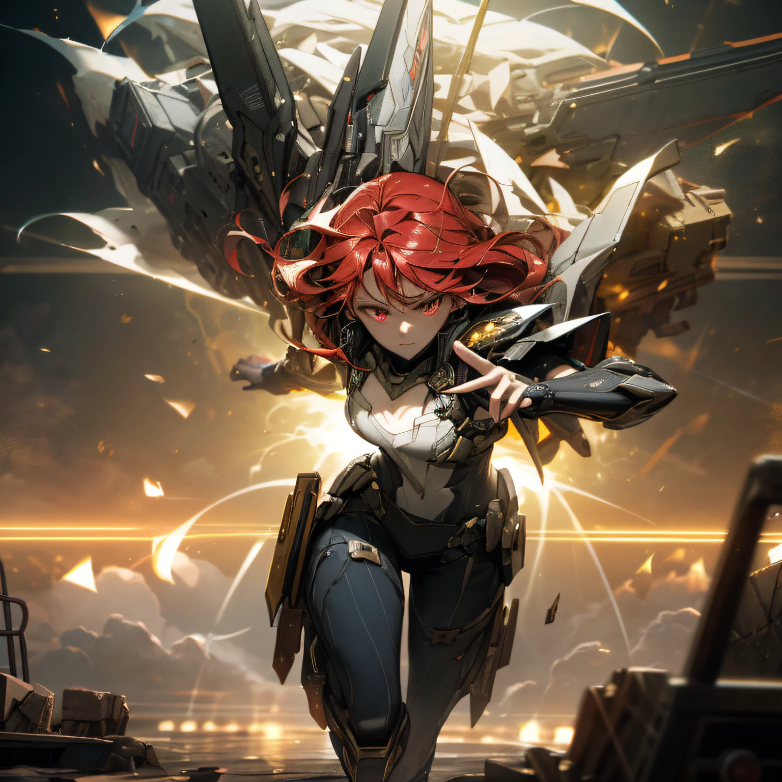 (outstanding, professional, surreal), girl running and shooting railgun, accurate five fingers, the best ratio of four fingers to one thumb, white metal shell shimmering, exposing wet , smoke, explosion, debris, (battlefield: 1.4), (running: 1.4), (shooting: 1.4), (railgun: 1.4), (thick body: 1.4), (long red hair: 1.4), Eyes glowing red like rays, light coming out of the eyes. Red light from the center of the face. HDR (High Dynamic Range), Ray Tracing, NVIDIA RTX, Super Resolution, Unreal 5, Subsurface ScatteriPBR Texturing, Post-Processing, Anisotropic Filtering, Depth of Field, Maximum Clarity and Sharpness, Multi-Layer Textures, Albedo and Specular Maps, Surface Shading, Accurate simulation of light-material interactionsndering, two-tone lighting, low ISO, white balance, rule of thirds, wide aperture, 8K RAW, efficient subpixel, subpixel convolution, (luminous particles: 1.4), {{Masterpiece, highest quality, highly detailed CG, Unity 8k wallpapers, 3D, sci-fi, cyber, cinematic lighting, Lens flare}},