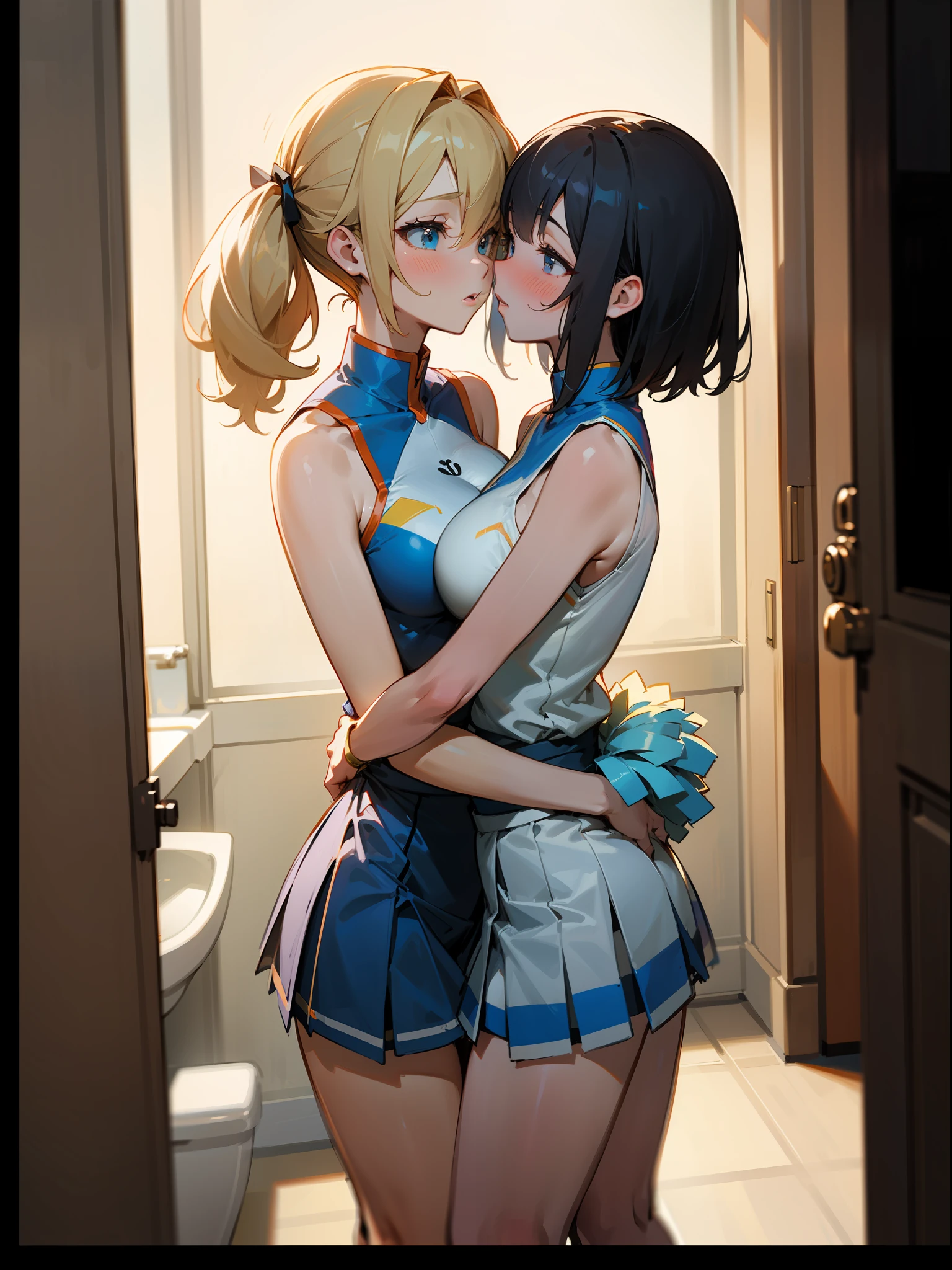 master-piece, hyper quality, hyper detailed, perfect drawing, high resolution, two beautiful girls, cheerleader, sleeveless shirt, miniskirt, ansco, pom-pom, lovers, looking at each other from the front, hugging each other's breasts pressing, braless, staring at each other, moist eyes, half-open lips, bulging bust top, beautiful, blush (0.2), sensual, seductive, ecstatic, indulgent sexual, indulgence, bust up, toilet, beautiful background, toilet private room, taken from the front obliquely below, precise drawing, detailed drawing, accurate human body structure,