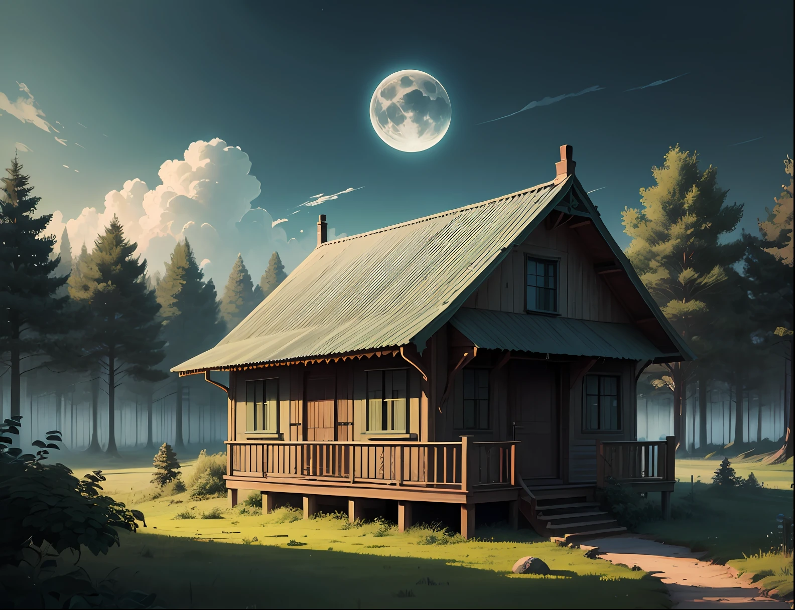 House in the middle of the forest with wooden enclosure on the edge of a precipice, with a moon on top of the sky, shades of greenish sky with matte clouds --auto