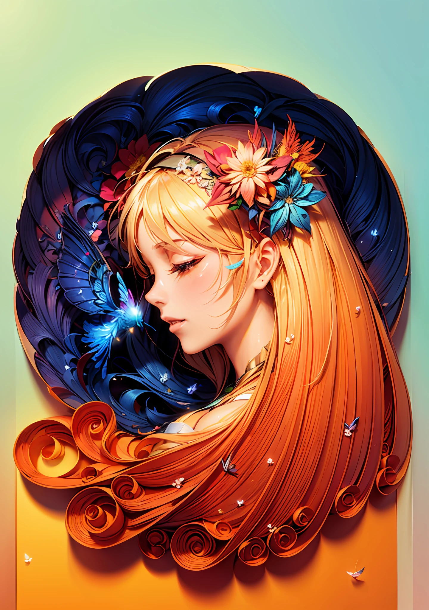 spring, paper art, origami, 3d rendering, colorful, beauty side face, phoenix, flowers, butterflies, lines, best quality, detailed details, masterpieces, official art, film lighting effects, 4K,